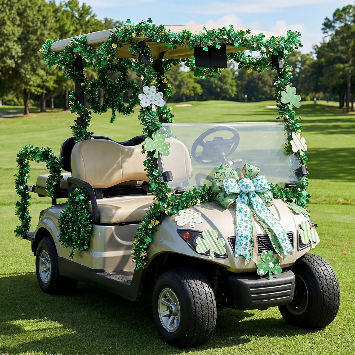 33 Pcs St. Patrick's Day Parade Golf Cart Decoration Include Irish St Pattys Wreath Bow Green Shamrocks Tinsel Garlands Shamrock Cutouts Stickers for Outdoor Indoor Holiday Party Decoration