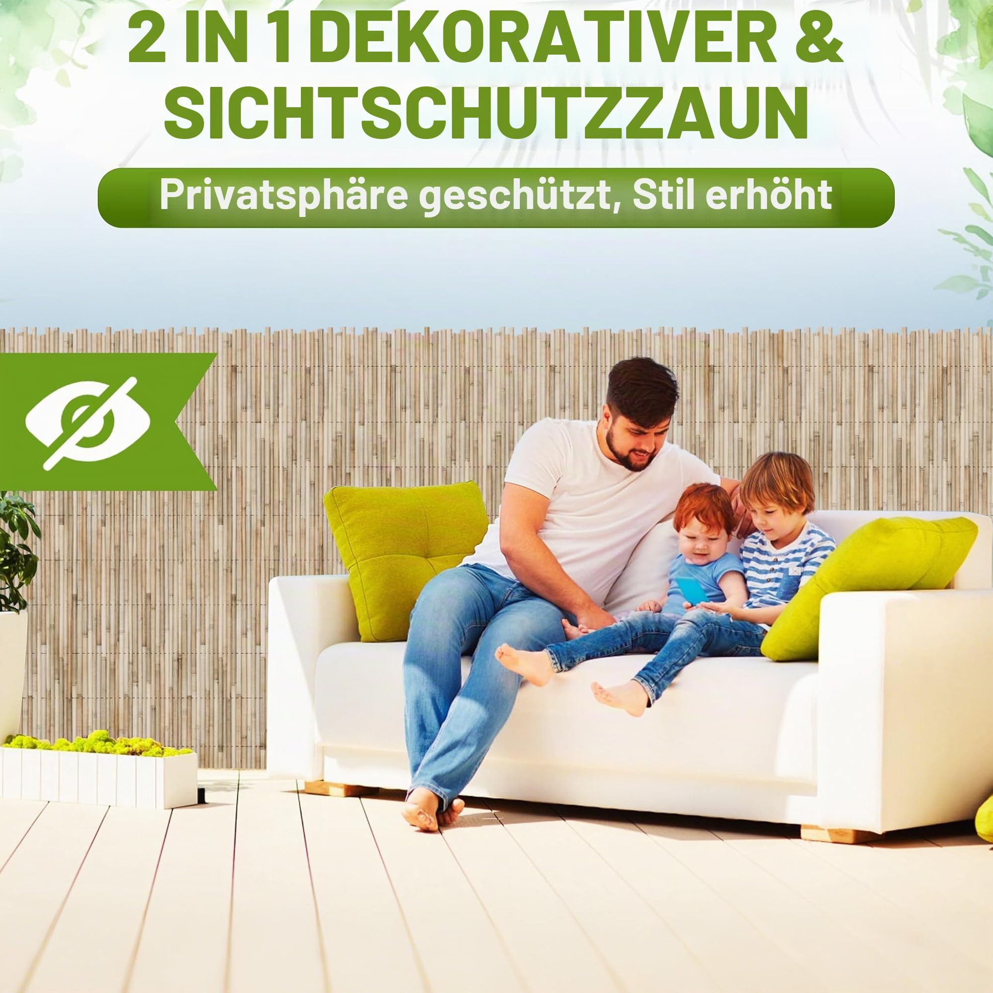 200x300cm Schilfmatten, Natur Schilf Sichtschutz Zaun mit Kabelbinders, 2-in-1 Windschutz & Sonnenschutz Schilfrohrmatte, Dekorative Gartensichtschutz für Balkon, Terrasse, Garten