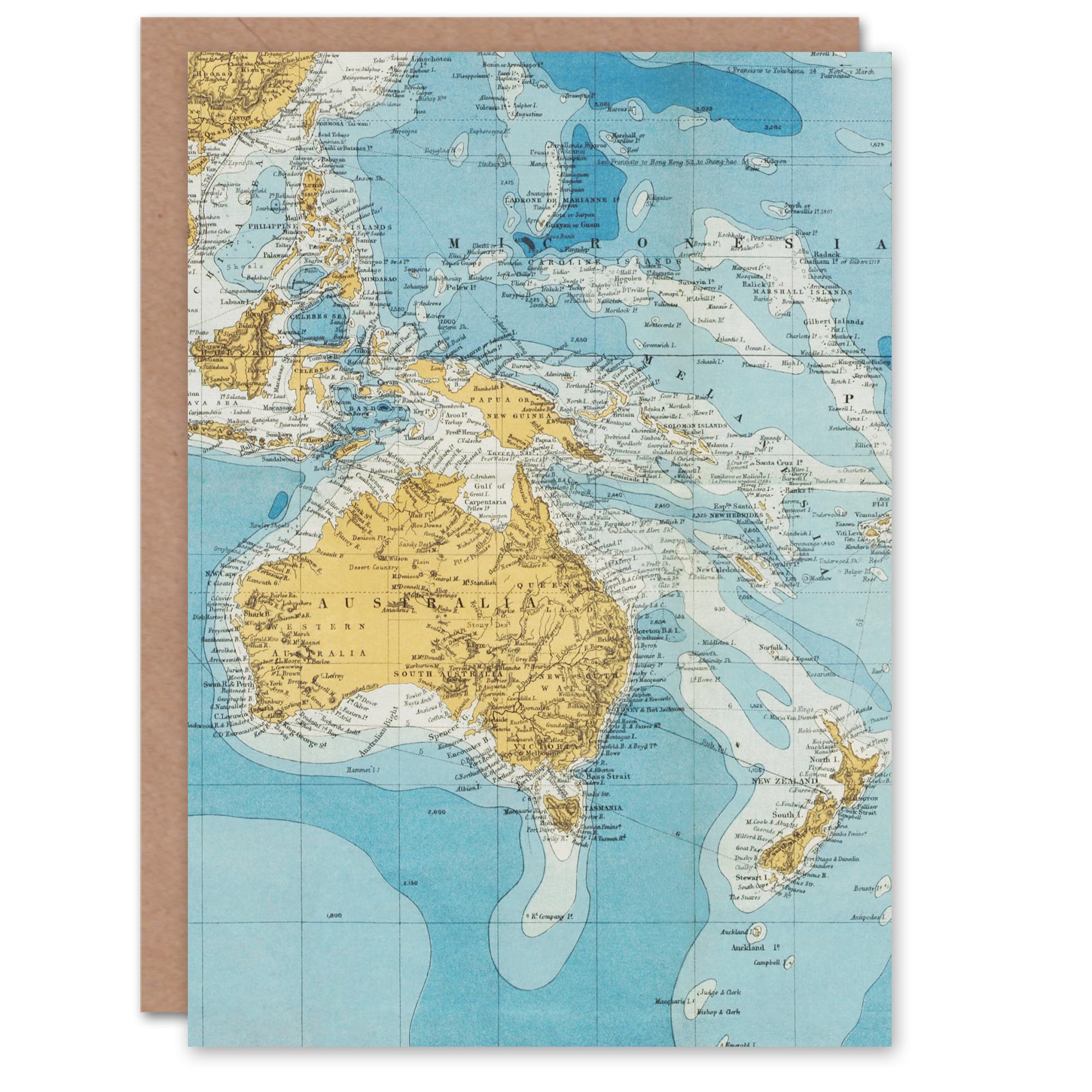 Artery8 Edward Stanford Art Card Australasia Vintage Bathymetric Map