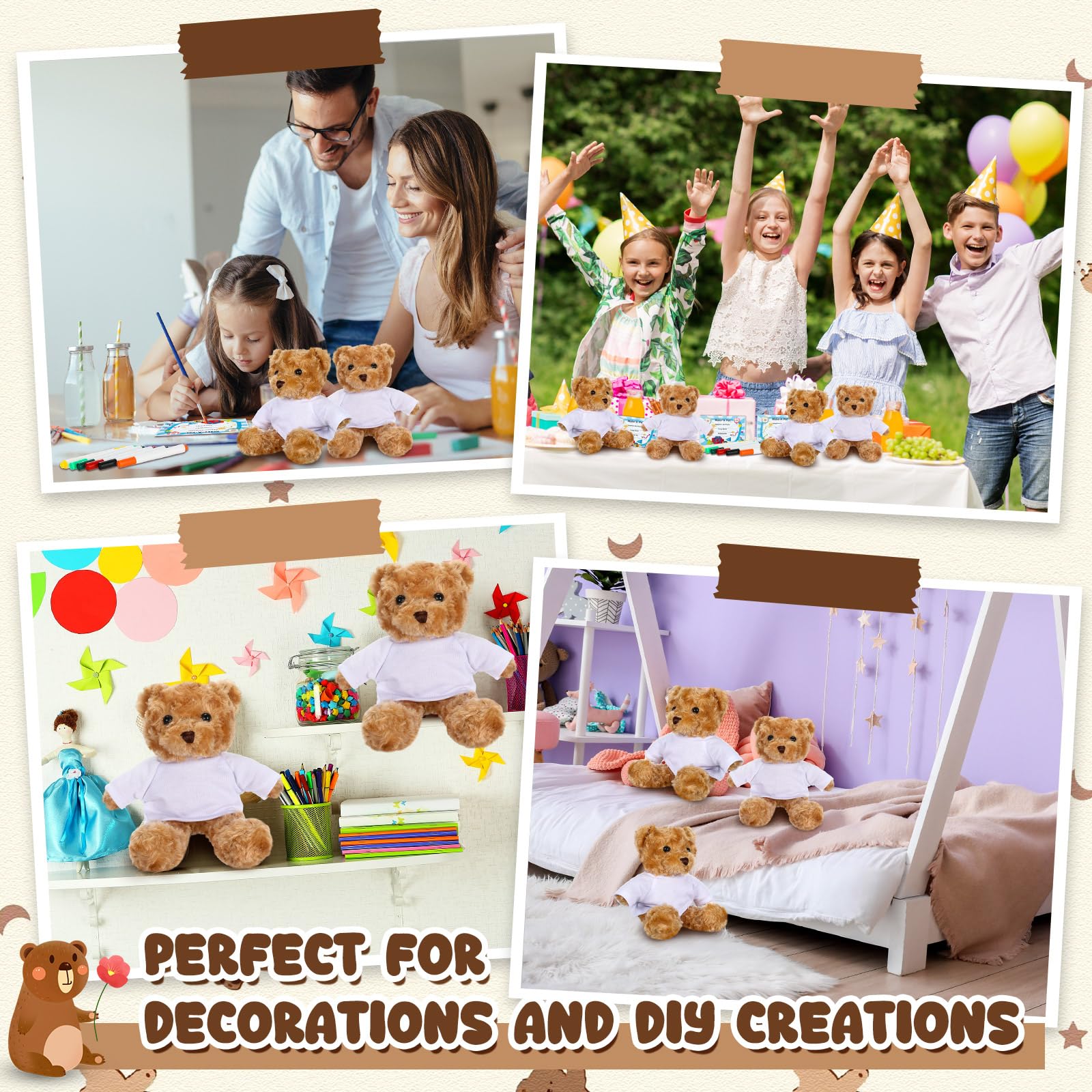 Blueweenly 20 Pcs Make Your Own Stuffed Bear Gift Kit 5 Pcs 9.84 Inches Rose Velvet Bear 5 White T Shirt 5 Set 12 Color Watercolor Pen 5 Paper Card DIY - Image 5