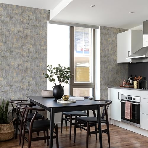 Miniatura 6 de Simon&Siff Papel tapiz texturizado envejecido, papel tapiz metálico industrial de 17.3 pulgadas x 19.68 pies, papel tapiz no tejido grisdorado para