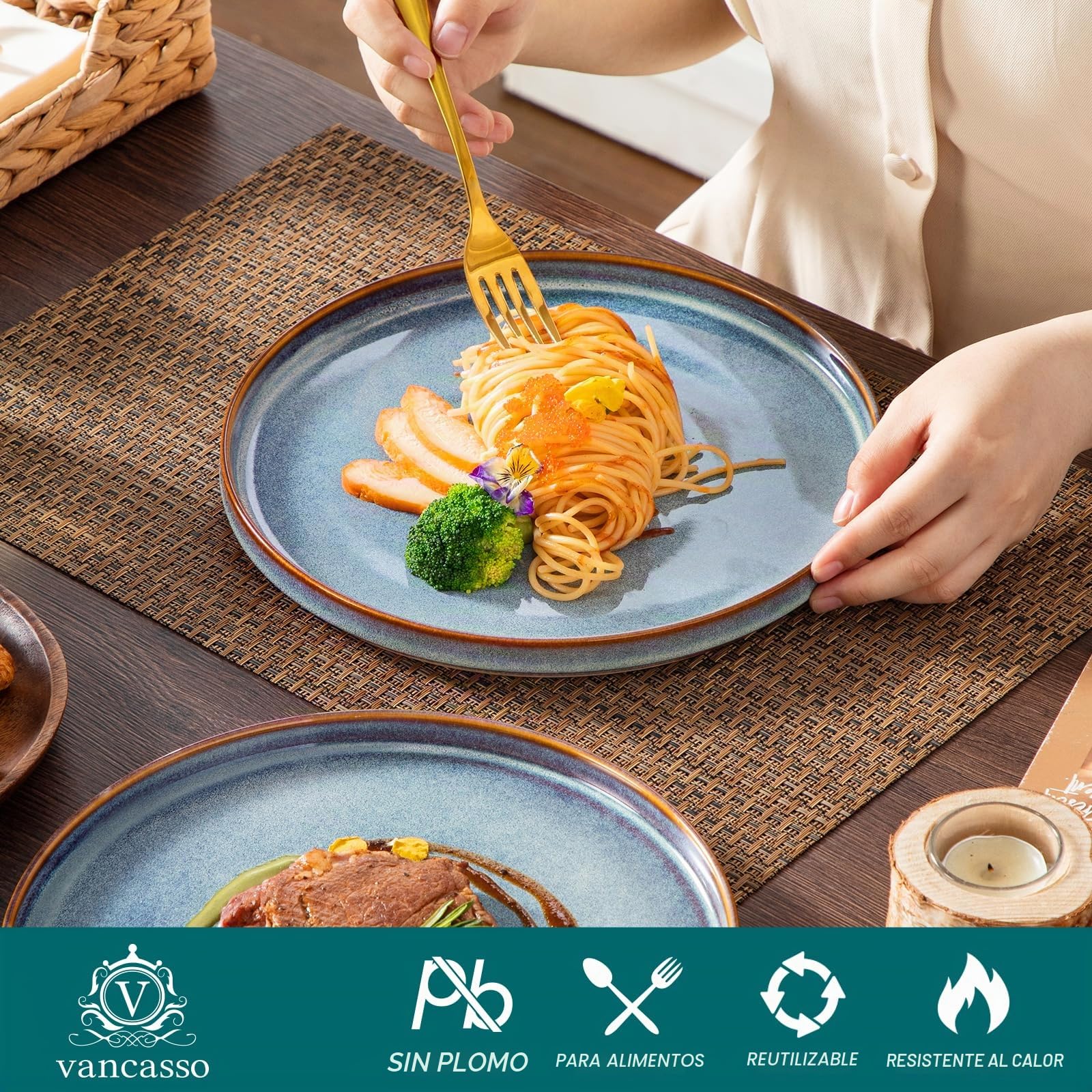 vancasso ONION Set de 6 Platos Llanos, Platos de Ensalada de 25,4 cm de Gres, Juego de Platos de Cena para Cocina, Apto para Lavavajillas y Microondas, Esmalte Reactivo Gris Azul