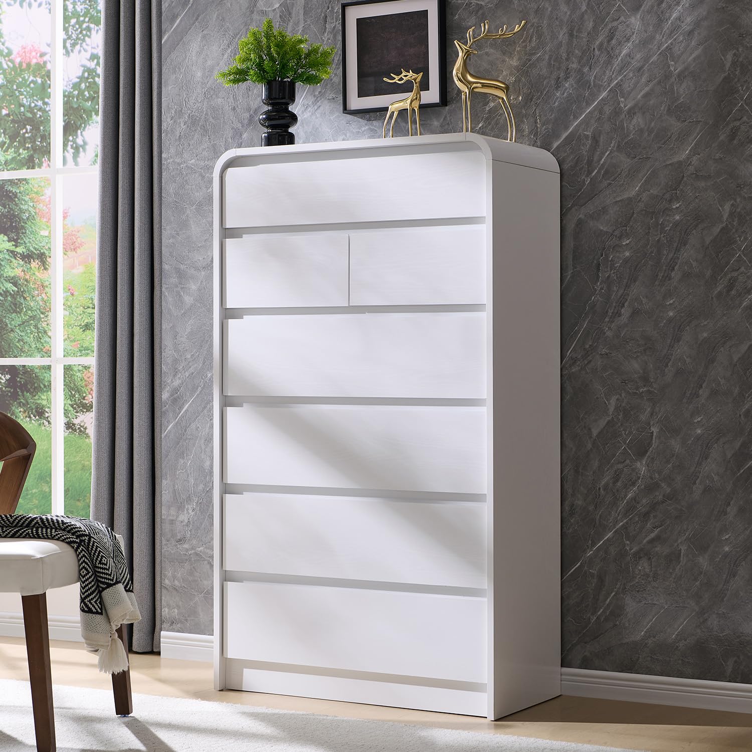 Aitjunz Modern 7 Drawers Dresser for Bedroom, 55" Tall Dressers & Chest of Drawers w/Curved Profile Design, Wood Mid Century Vertical Storage Dressers