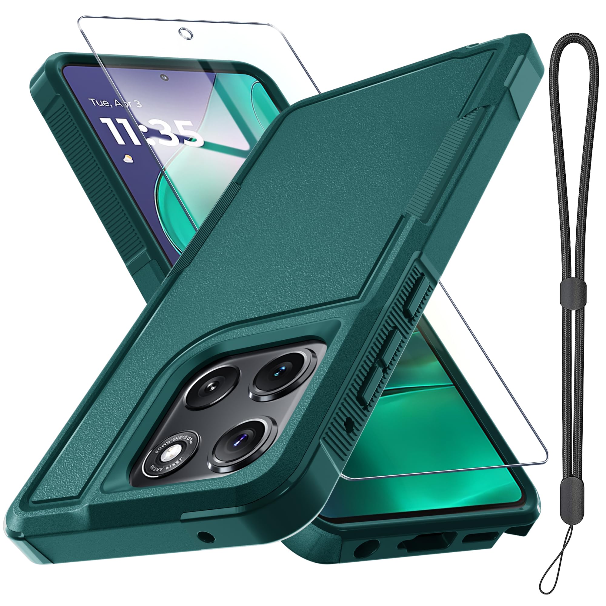 RMOCR for Moto G Stylus 5G 2025 Case, Full Body Heavy Duty Rugged Shockproof Protective Phone Cover with Lanyard Strap, Tempered Glass Screen Protector, Dark Green