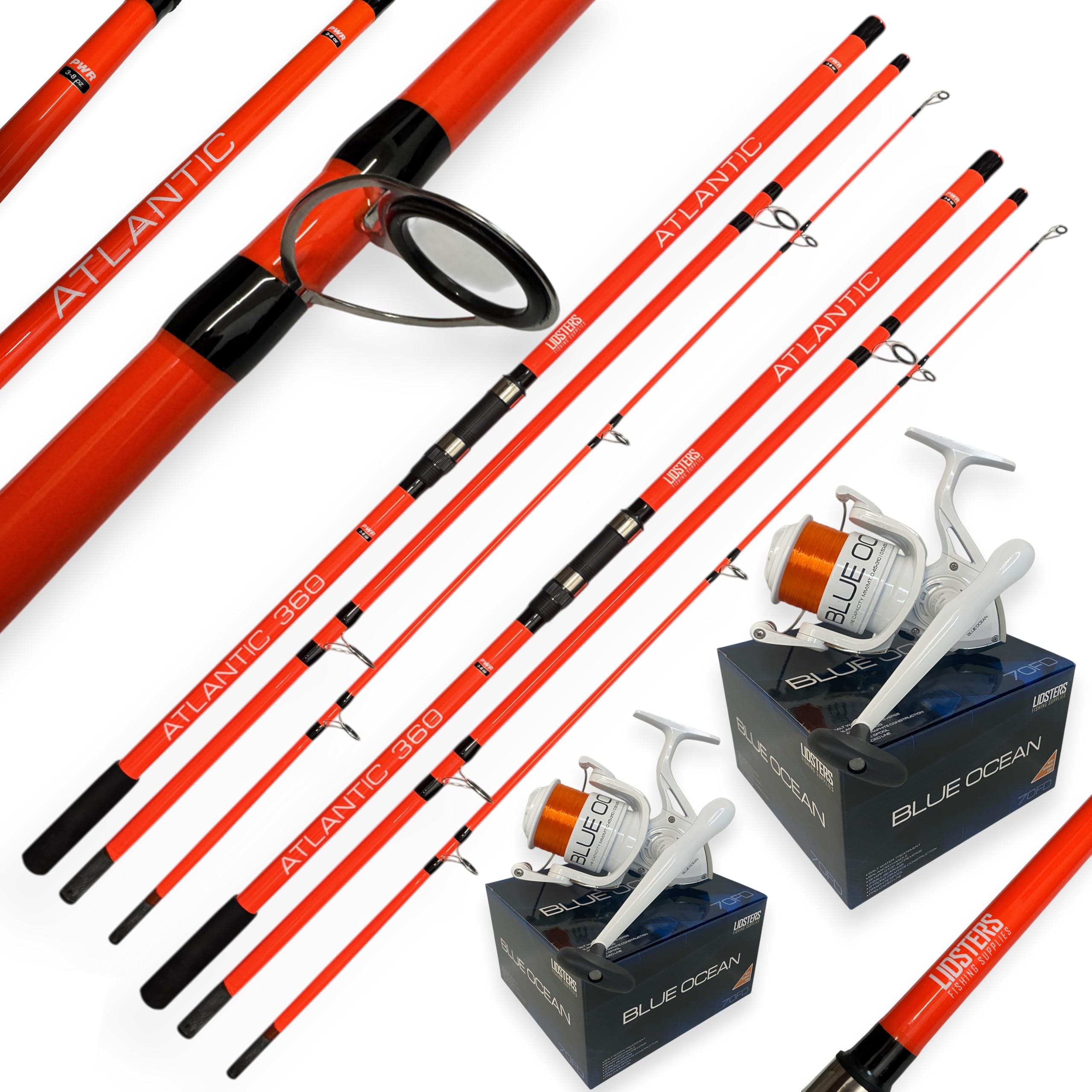 2 LFS Atlantic Sea Beach Fishing Rods 12ft 3.6m 3pc + 2 Blue Ocean Orange Reels
