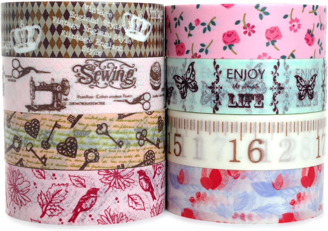 Crafty Rabbit Vintage Washi Tape - Set of 8 Rolls - 262 Feet Total - Multicolor
