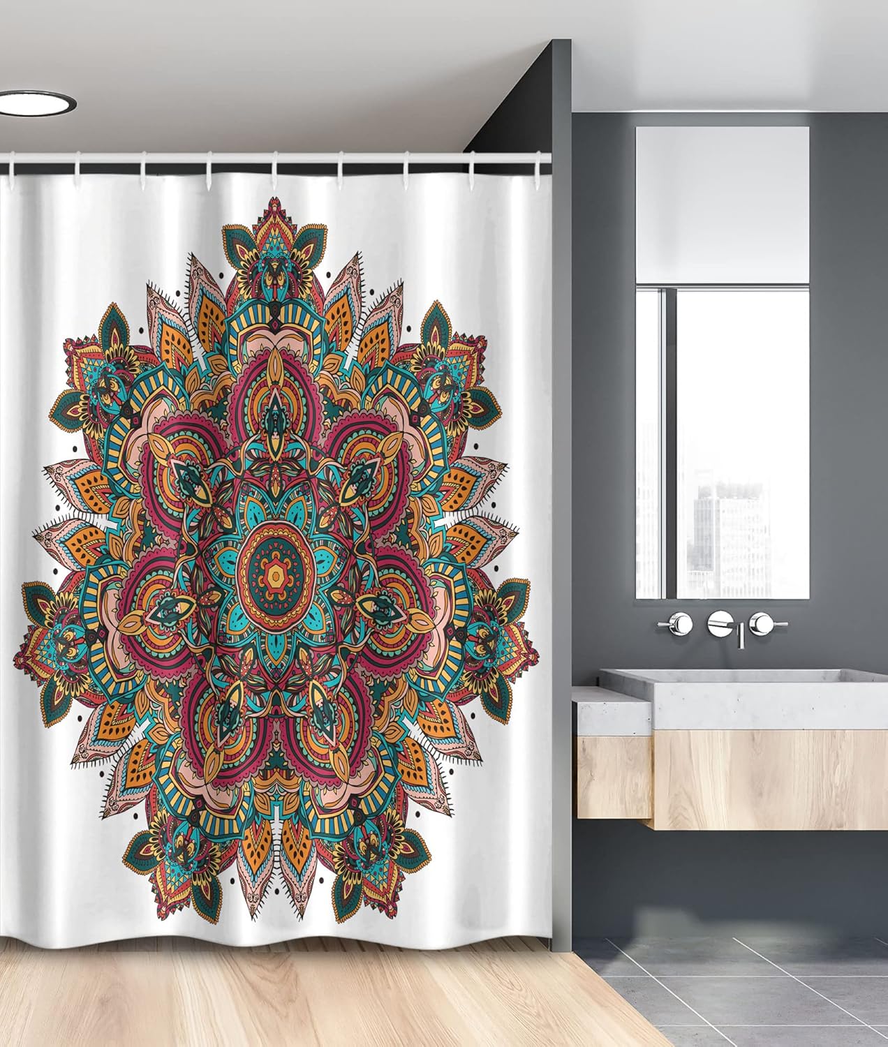 Ambesonne Mandala Stall Shower Curtain, Mandala Design Unifying Centre Eastern Sign Pattern Print, Fabric Bathroom Decor Set with Hooks, 54" W x 78" L, White Multicolor