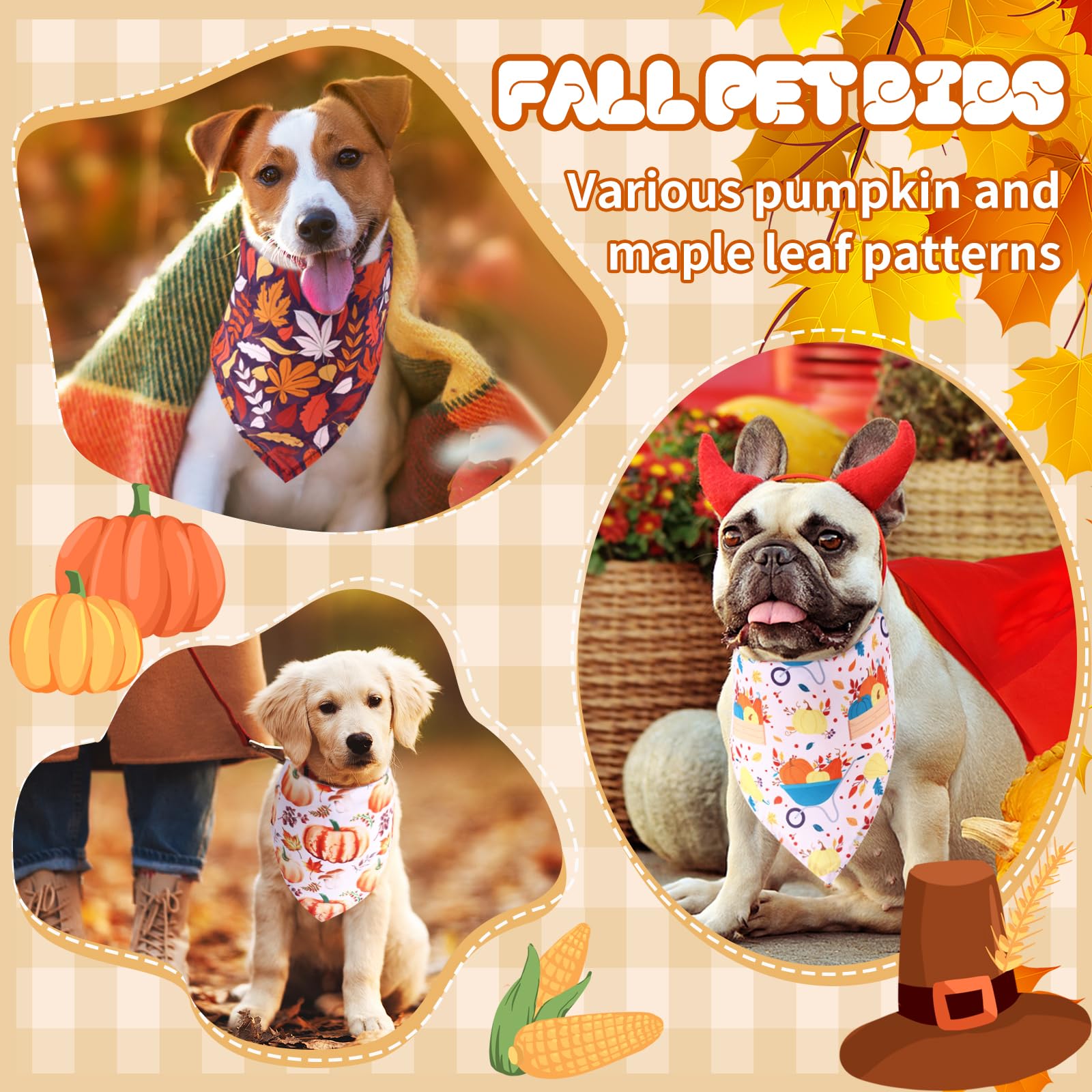 Herbst-Hundehalstücher, Herbst-Kostüm, Kürbis-Ahornblätter, Hunde-Outfit, Urlaub, waschbarer Schal, Dreieckstuch, Halstuch, Welpen, Blumen-Lätzchen für Mädchen und Jungen (Einheitsgröße, 100 Stück)