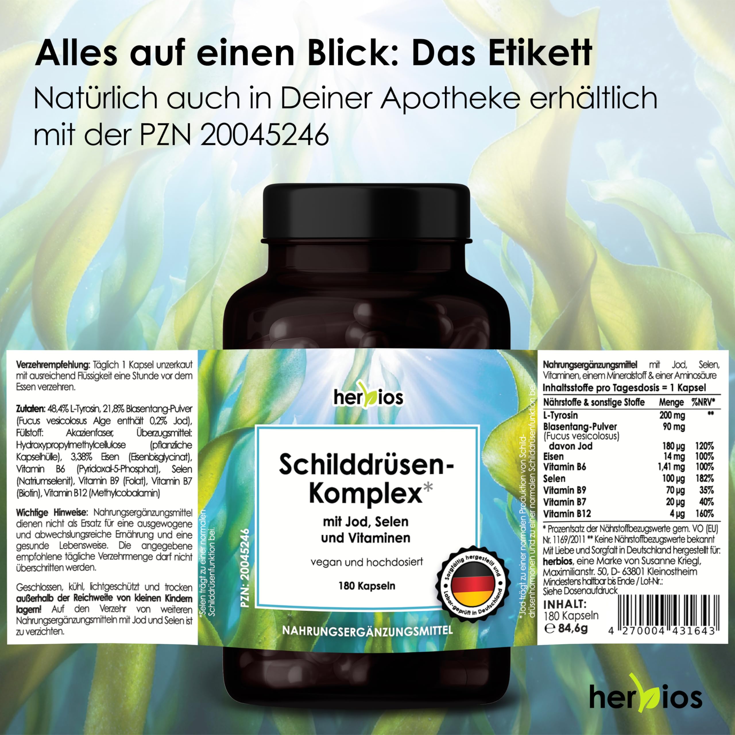 Jod-Selen Komplex –180 Schilddrüsen-Kapseln für 6 Monate – hochdosiert mit L-Tyrosin, Eisen, B-Vitaminen & Folsäure – Natürlich, Vegan & Laborgeprüft