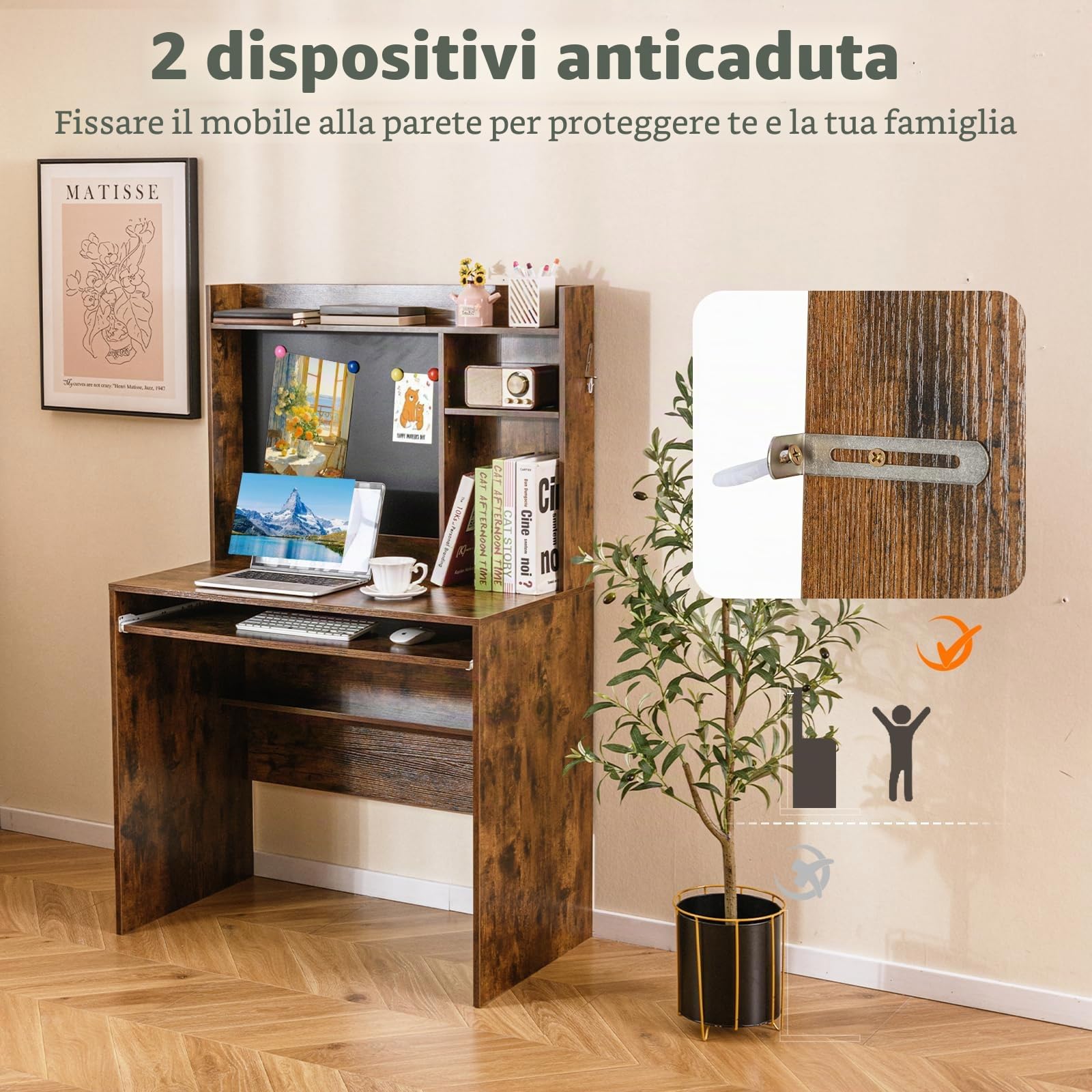 LIFEZEAL Scrivania, Scrivania Ufficio Porta Computer, PC, con Libreria e Lavagna Magnetica, 89x50cm, Scrittoio, in Legno, Moderno, Postazione di Lavoro, Studio, Piano Ampio, Portaoggetti (marrone)
