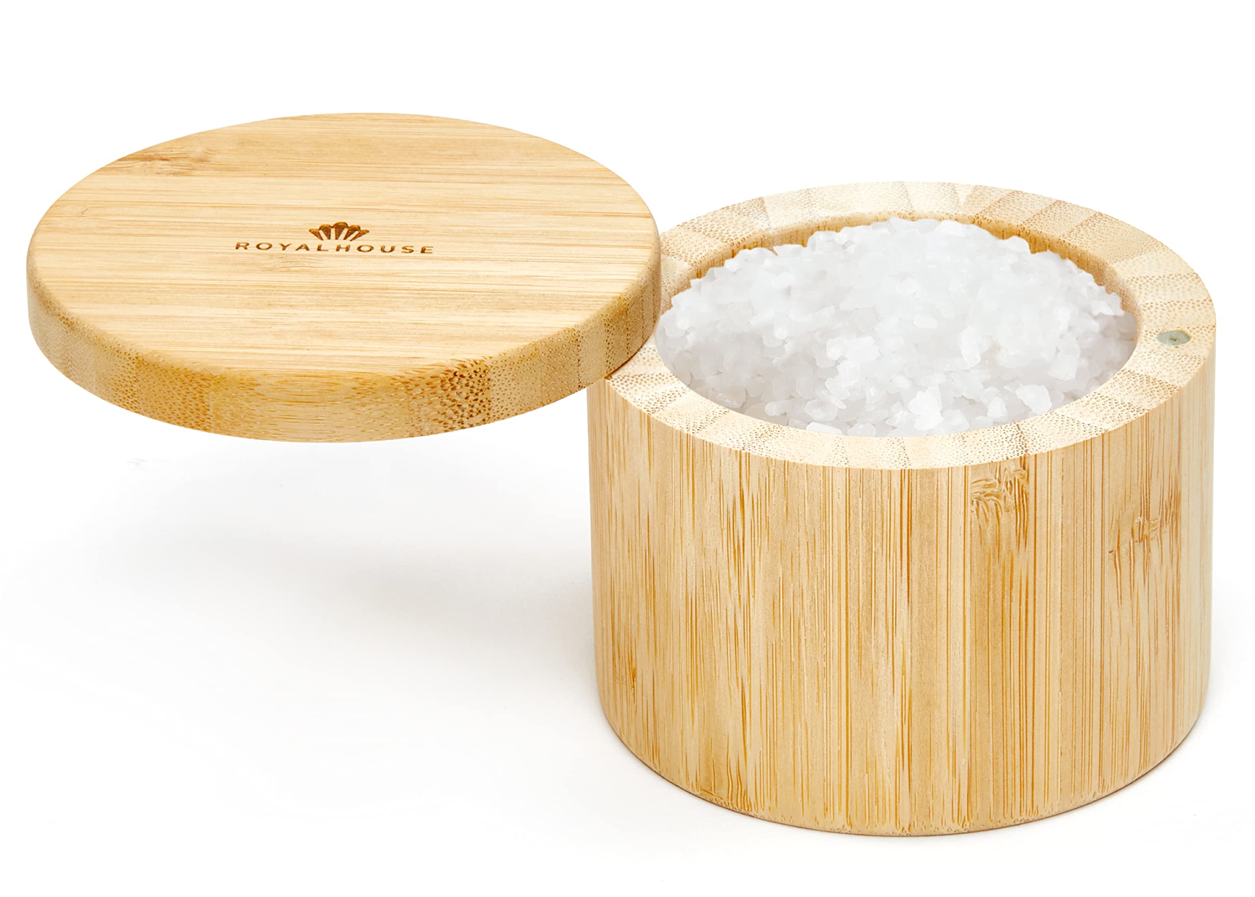 6 Oz Capacity Natural Bamboo Salt and Pepper Holder With Bamboo Lid, Salt Cellar With Magnetic Swivel Lid, Healthy Storage Box For Herbs Or Favorite Seasonings