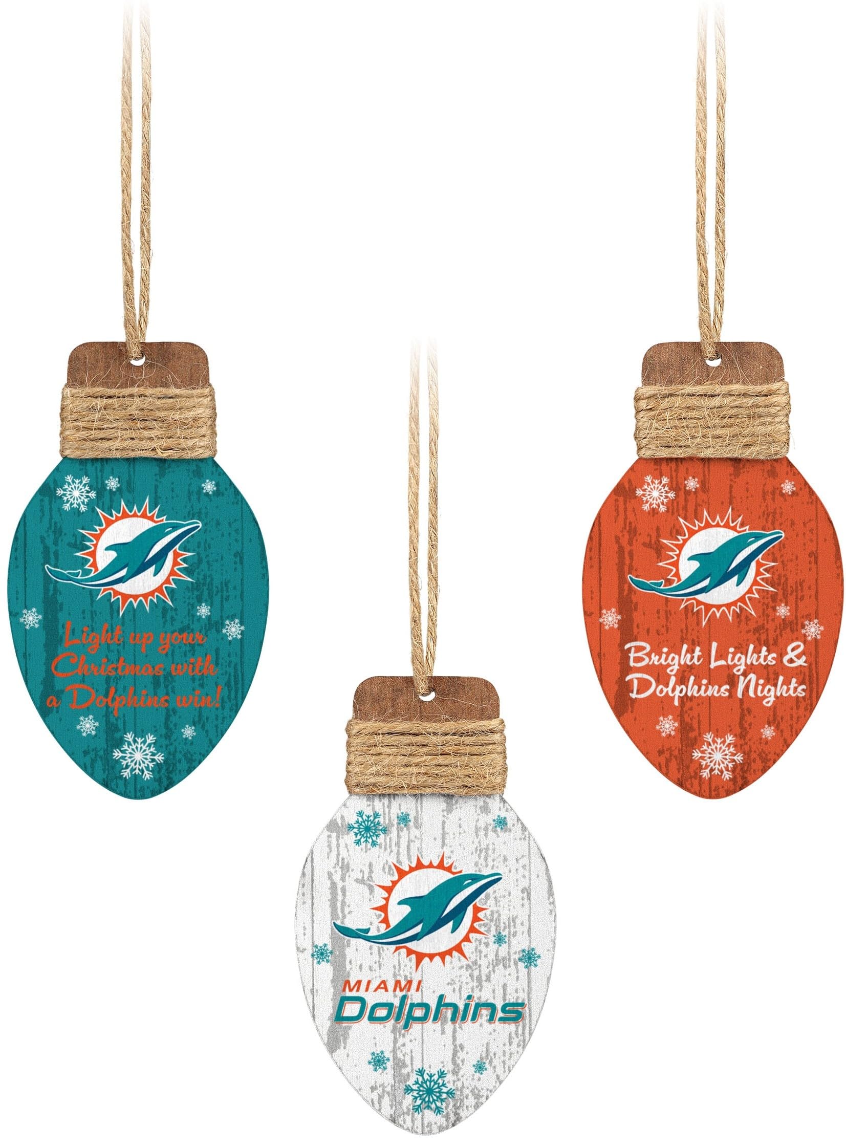 FOCO Miami Dolphins NFL 3 Pack Wooden Holiday Lights Ornament Set