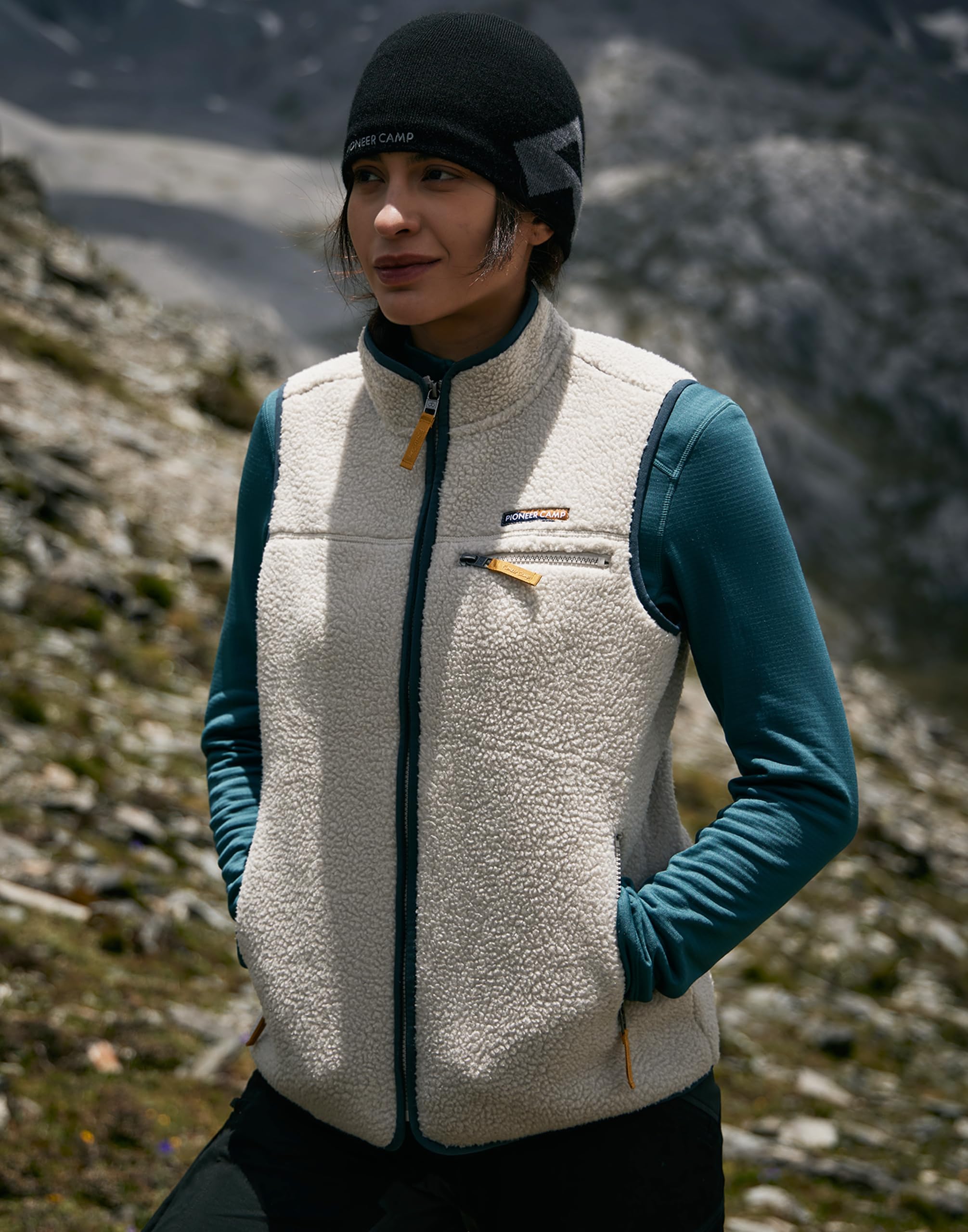 Pioneer Camp Gilet polaire sans manches pour femme - Gilet en fourrure de peluche super chaud avec col montant et fermeture éclair pour l'automne, la randonnée, le ski