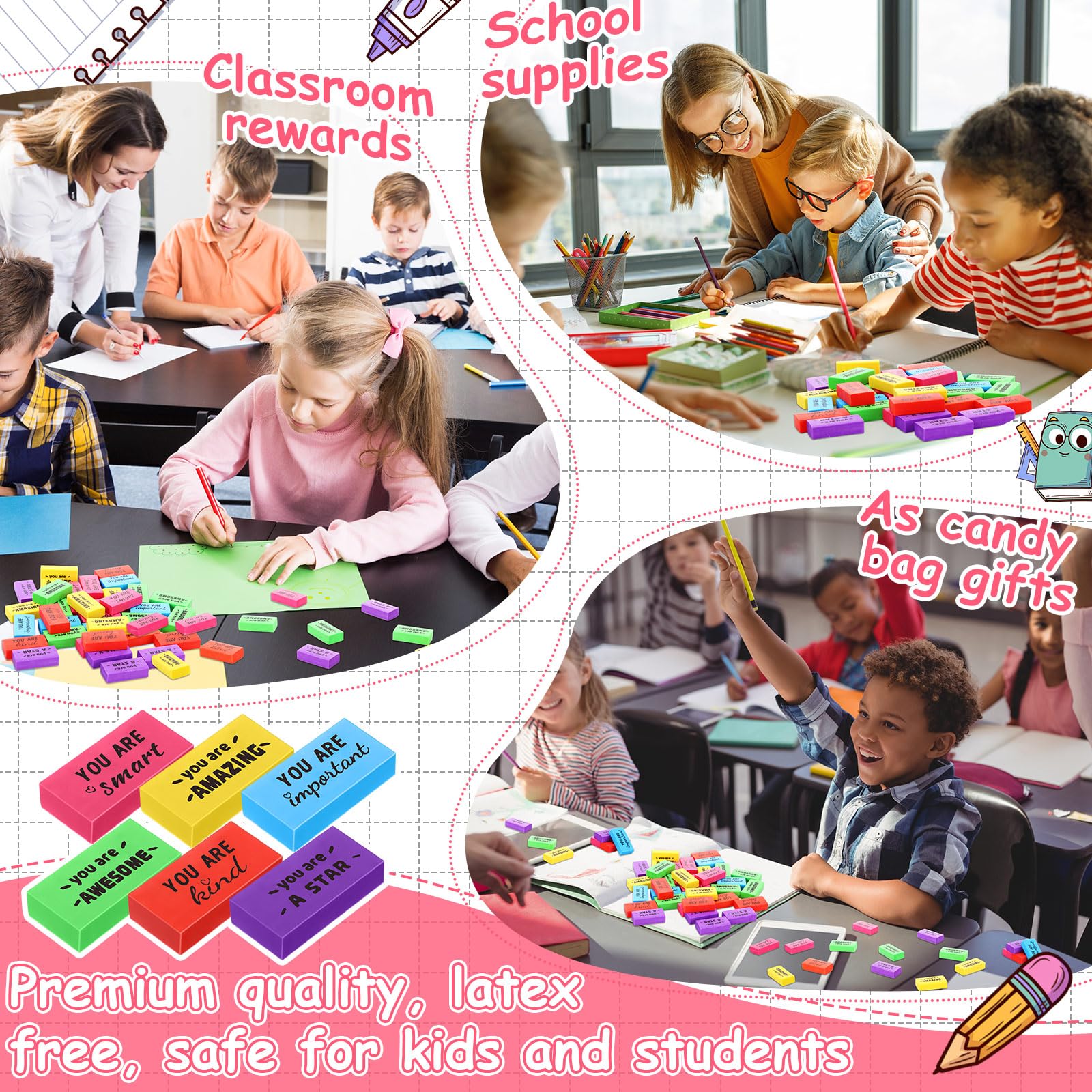 Resurhang 360 gomme da cancellare ispiratrici per bambini cristiane, regalo per il rientro a scuola, forniture motivazionali e carine per studenti, aule, disegni (colorate, motivazionali)