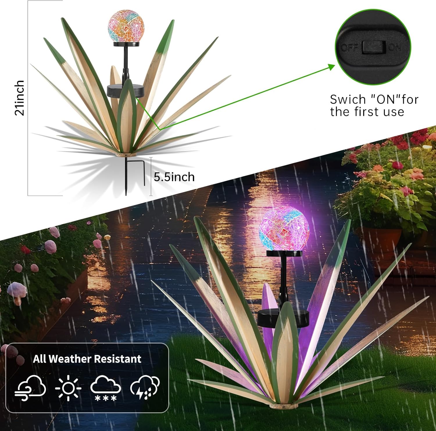 Tequila Rustic Sculpture Metal Yard Decor with Solar Mosaic Light, 21in (H) Hand Painted Metal Agave Garden Statue (1 Pack Green)