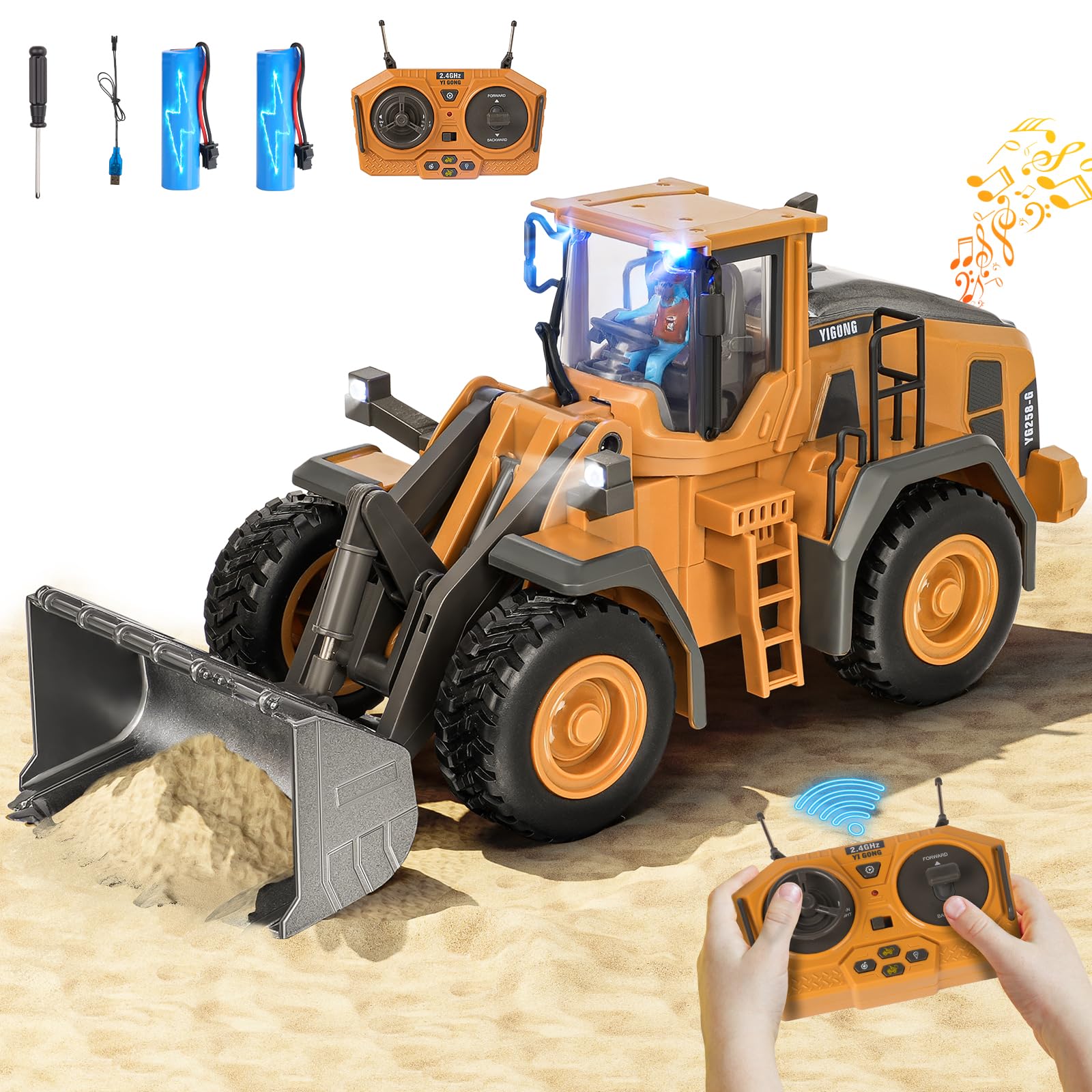 maysida Escavatore giocattolo con telecomando, bulldozer con luci e suoni per bambini dai 3 ai 12 anni, escavatore RC da 2,4 GHz con pala in metallo, veicolo da costruzione, regalo di compleanno