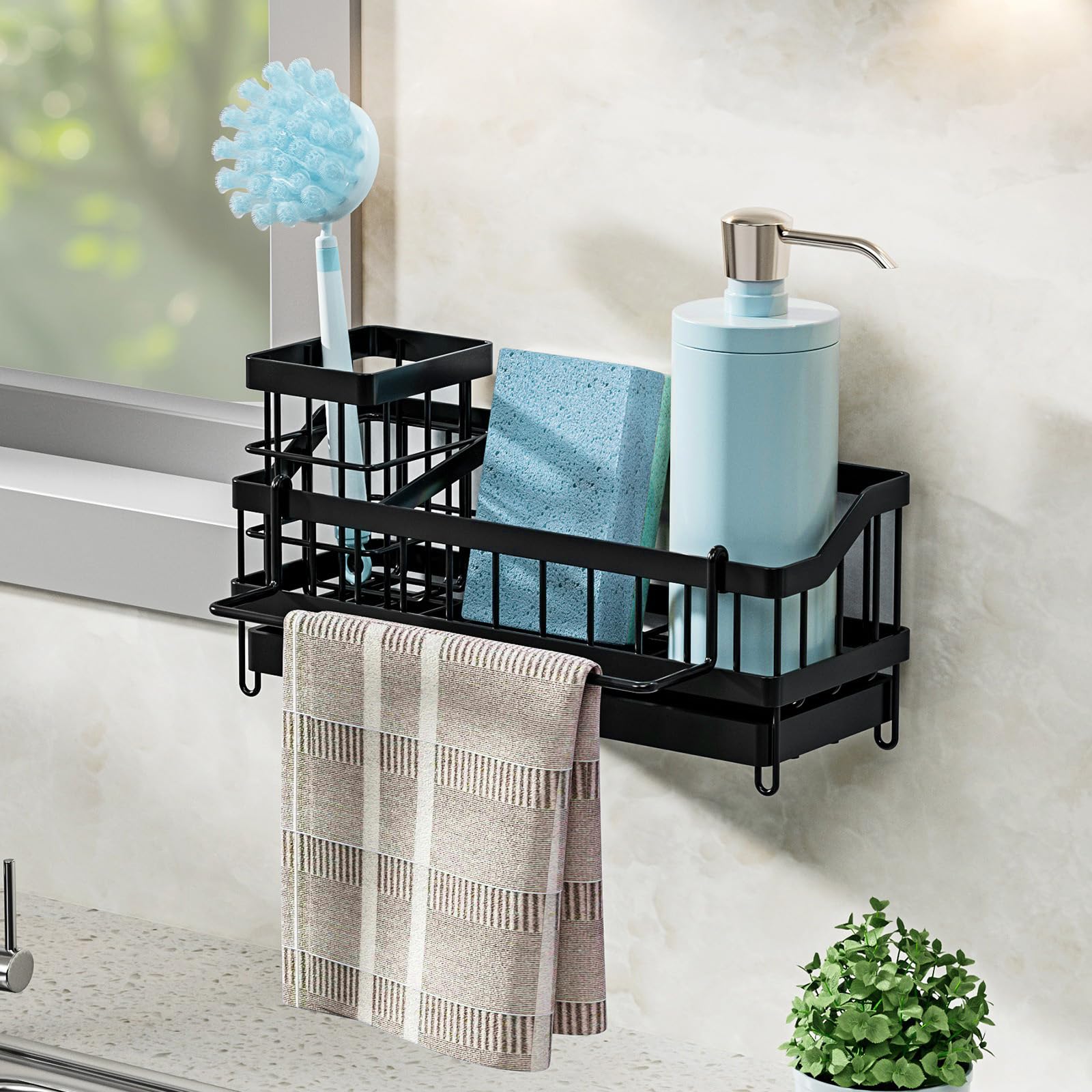 UMILKI Spülbecken Organizer Küche Schwammhalter,Spülbecken Organizer Hängend mit Spültuchhalter und Klebstoff,Küchen Spüle Organizer für Küche und Badezimmer- Ohne Bohren(Schwarz)
