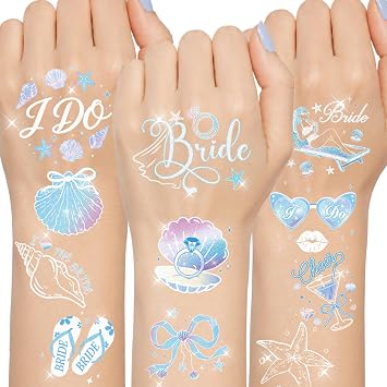 DPKOW Glitter Seashells Wedding Bells Temporary Tattoos Bachelorette 72Pcs