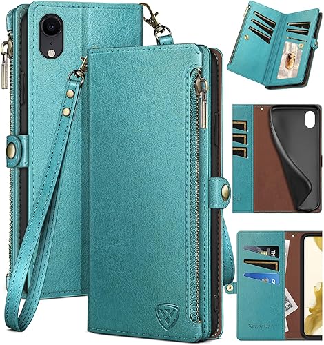 XcaseBar Funda tipo cartera para iPhone XR de 6.1 pulgadas con bloqueo RFID, soporte para tarjetas de crédito con cremallera, funda de piel