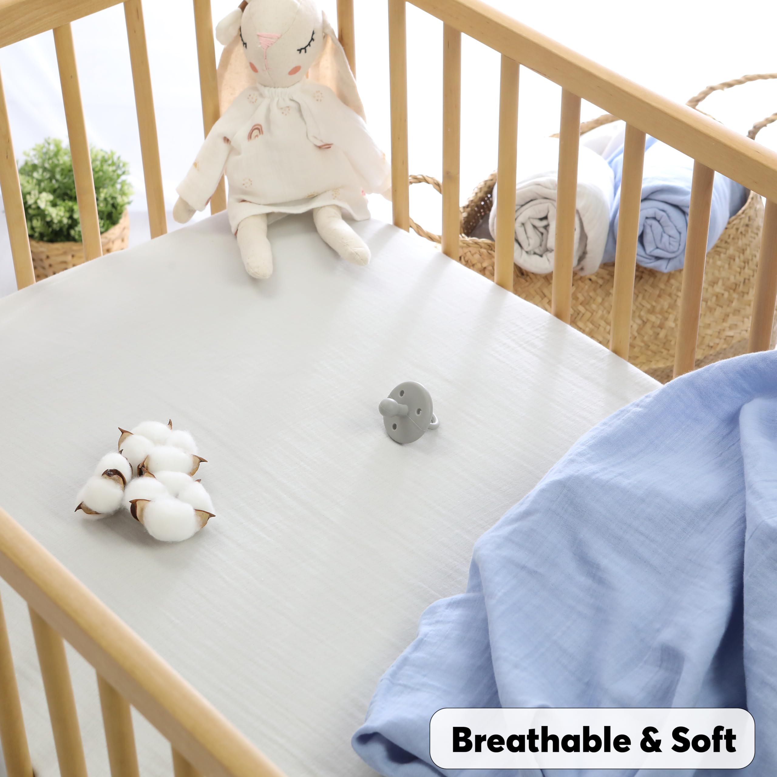 Cottonsis Muslin Crib Sheets –Oeko-TEX® Certified Organic Turkish Cotton Fitted Sheets for Baby Crib, Boys & Girls, Soft & Breathable, 2 Pack Toddler Bed Sheets 52x28, Dreamy Blue & Cloudy Gray