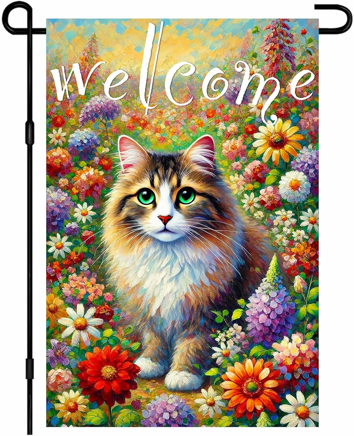 Spring Welcome Cat Garden Flag Double Sided 12x18 Inch Tabby Cat Garden Flag Funny Floral Tulip Cats Flags Vertical Farmhouse Welcome Yard Spring Summer Seasonal Outdoor Porch Decor