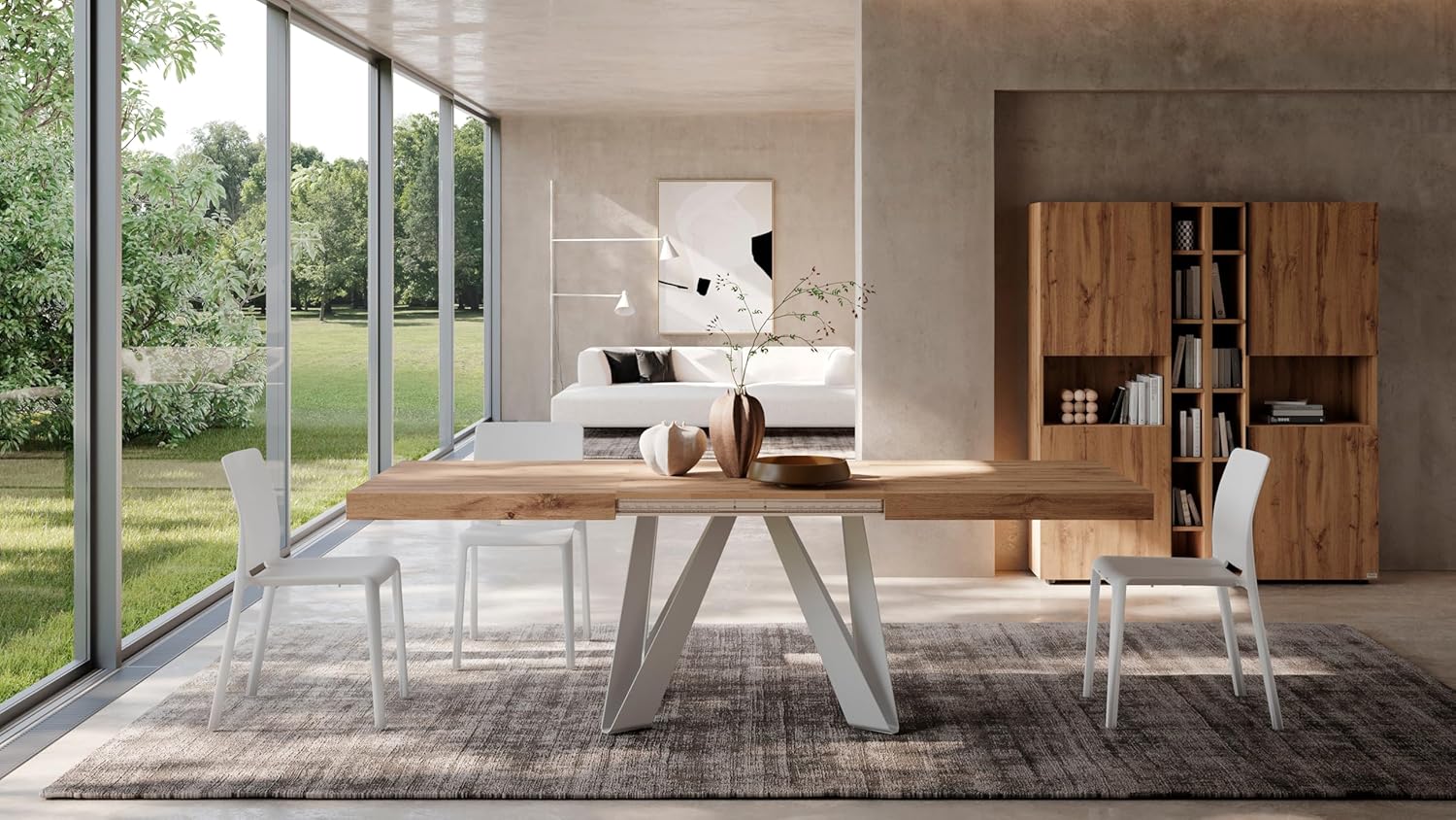 Mobili Fiver, Romina Extendable Table 55.1(86.6) x35.4 in, Rustic Oak with White Iron Legs, for 6-10 People, Expandable Dining Table for Kitchen, Living Room, Italian Furniture