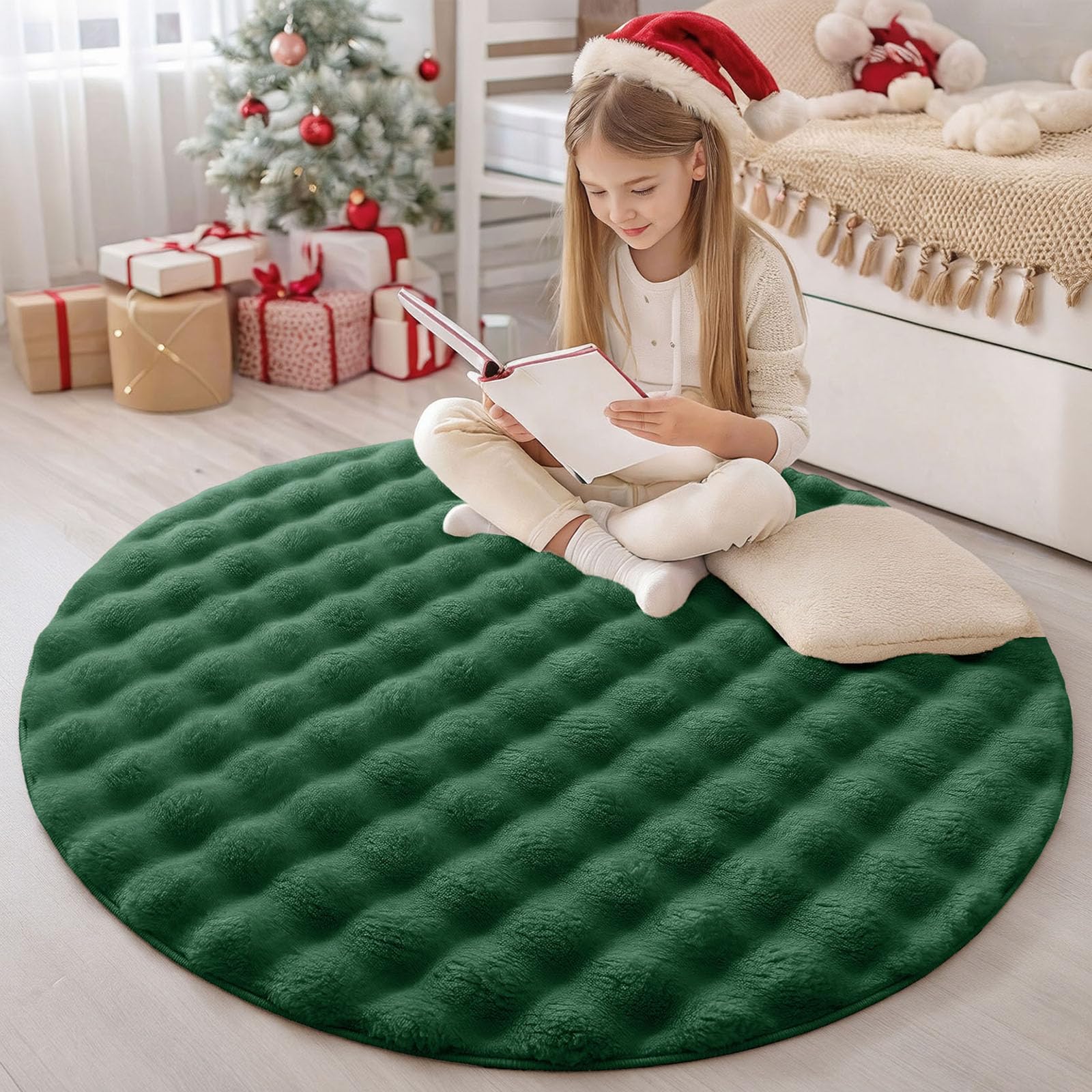Homaxy 3D Bubble Washable Small Rugs Living Room 120 cm Round, Dark Green