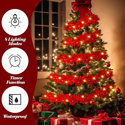 Miniatura 3 de VIHOSE Guirnalda de Pascua de Navidad con luz, guirnalda artificial de 32 pies con flores rojas con purpurina, guirnalda de flores de Pascua a pilas