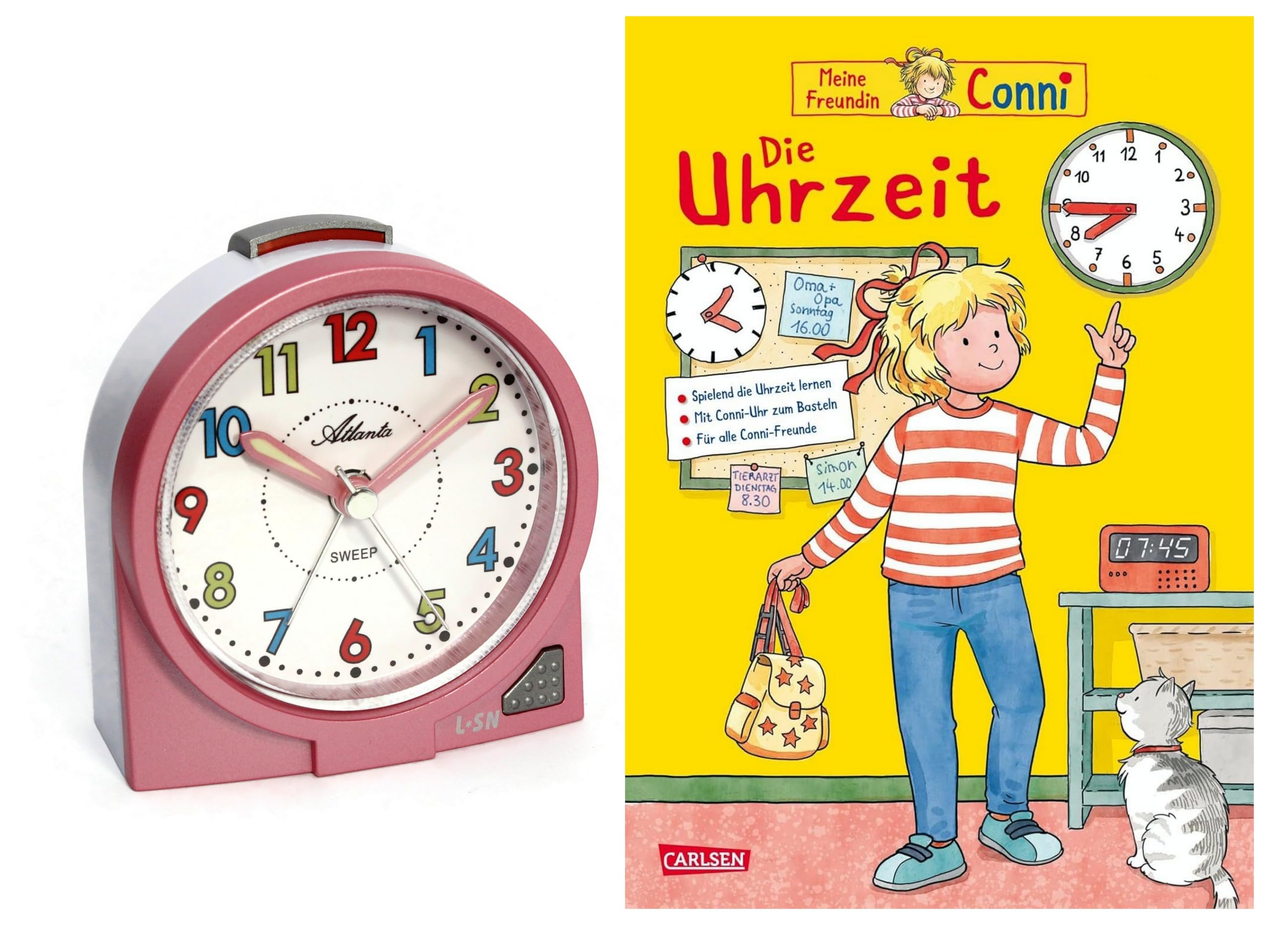 Atlanta Wecker ohne Ticken + Buch Conni Die Uhrzeit - 2127/17 BU (Rosa Conni)