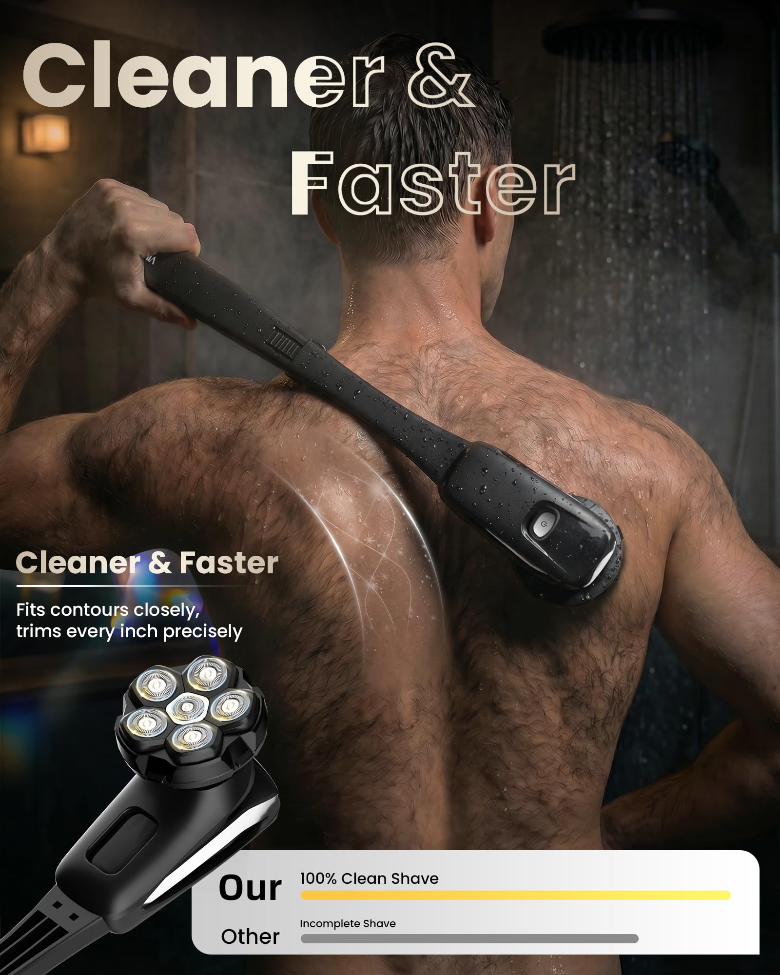 VIKICON Rückenrasierer Herren: 2-in-1 Elektrisch Körperrasierer mit 6D-Scherkopf, Klappgriff für die Rückenrasur, wasserdicht bodygroom für Körper, Gesicht, Kopf – Pflege-Set für Männer, Silber