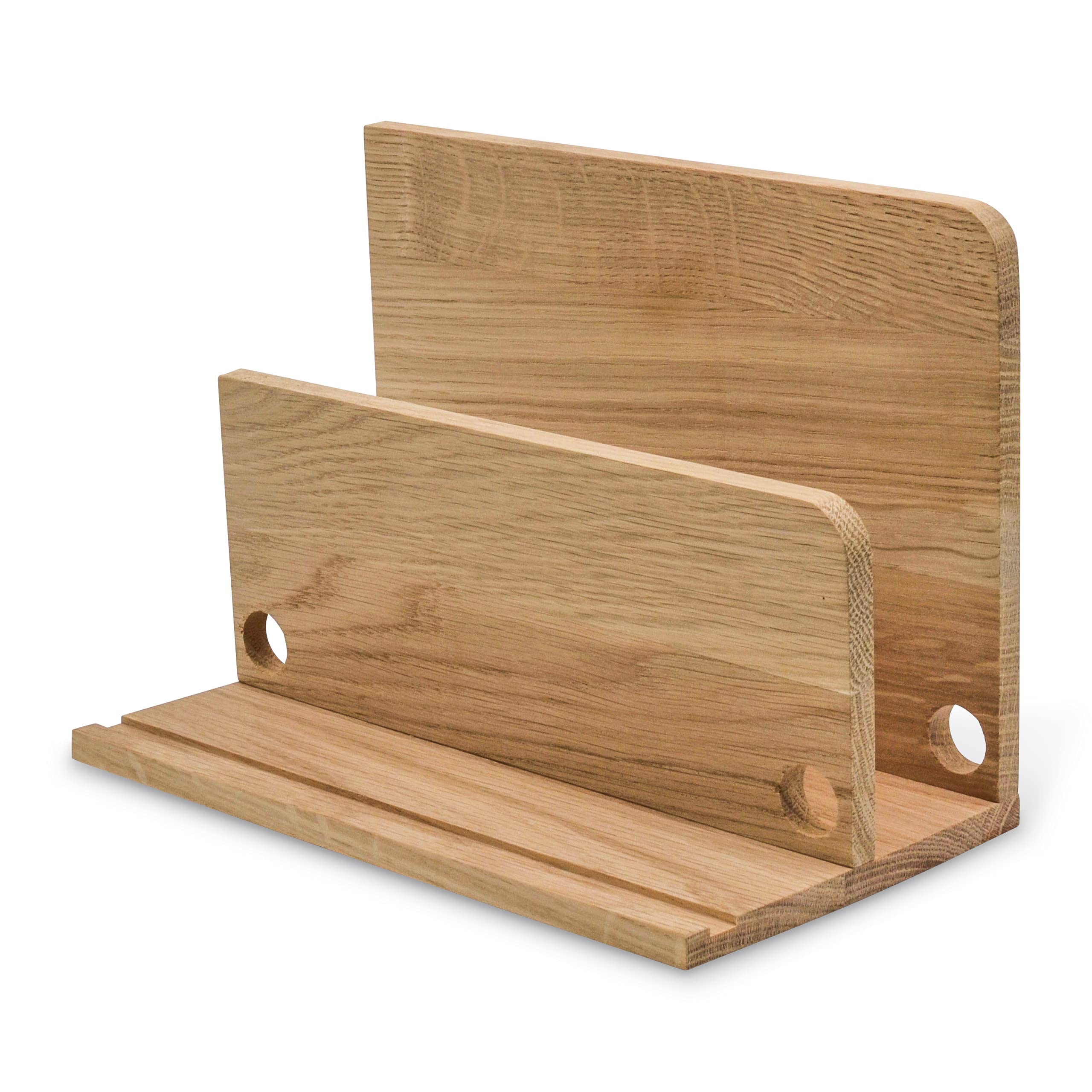 Briefablage Schreibtisch Organizer - Maestro - Tablet & Smartphone Ladestation Handy Briefhalter aus Holz (Eiche unbehandelt)