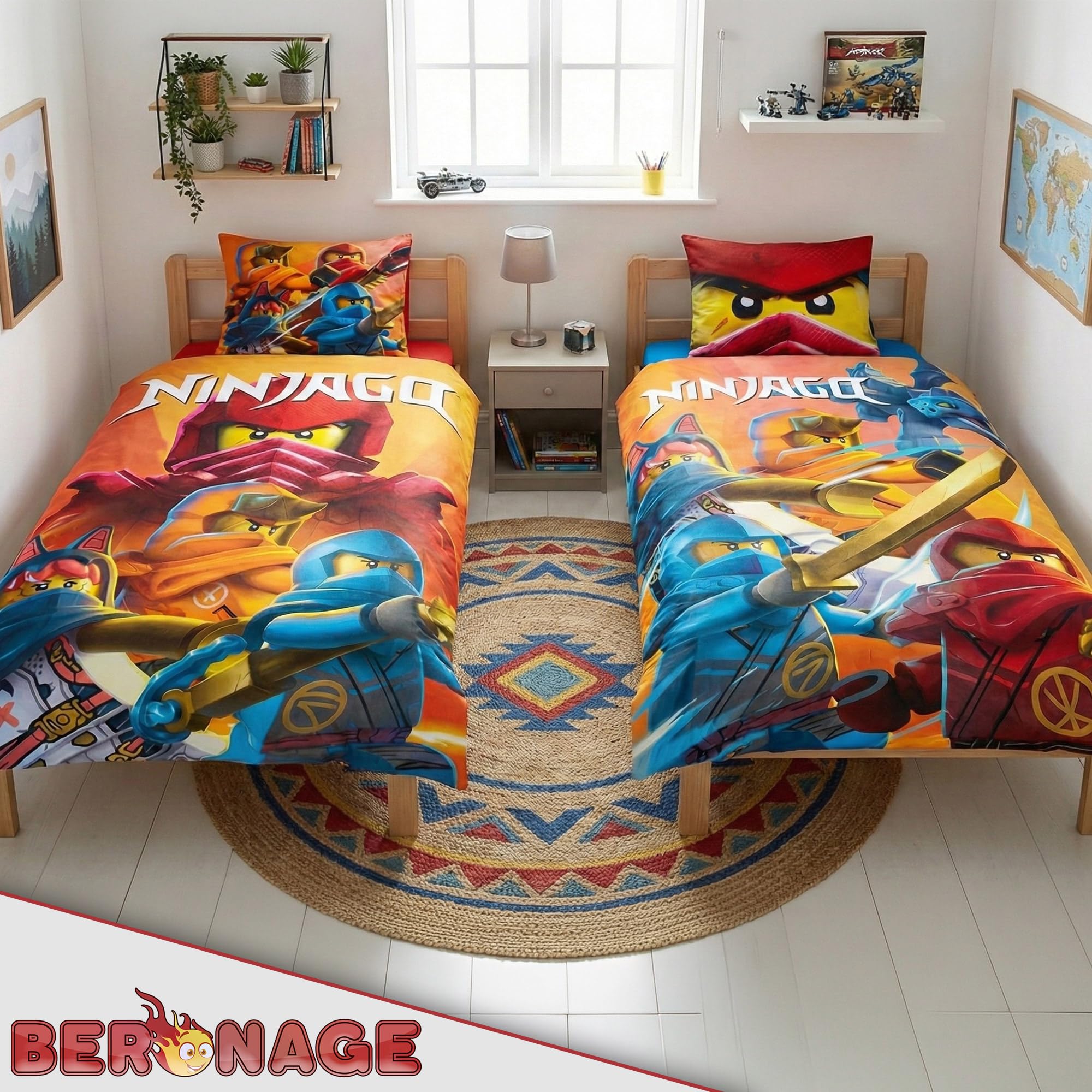 Lego Ninjago Movie Battle Parure de lit pour enfant – 135 x 200 cm + 80 x 80 cm – 100 % linon de coton – Cole – Jay – Kai – Lloyd – Zane – NYA – Misako – Sensei Wu – Renforcé – Taille allemande –