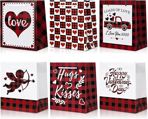 Whaline 12 bolsas de regalo de papel para el día de San Valentín con asa rojo y negro a cuadros bolsa de golosinas bolsa de regalo para boda