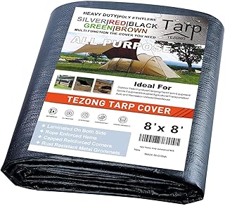 Tarps Heavy Duty Waterproof 8x8ft,TEZONG Black Tarp 12Mil Plastic Tarpaulin Outdoor Tarp Cover for