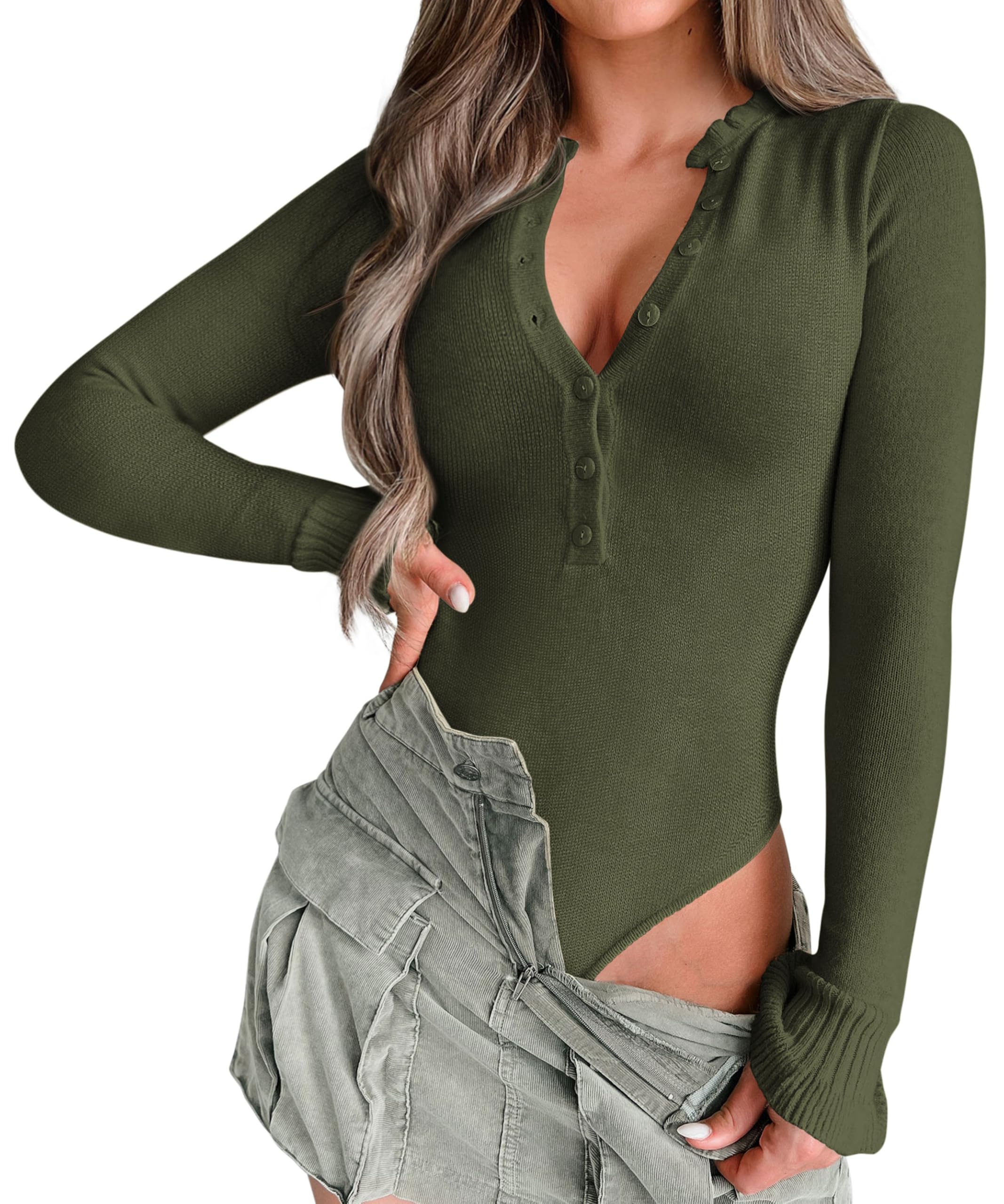 MASCOMODAWomens Fall 2024 V Neck Button Down Knit Bodysuit Sweater Long Sleeve Fitted Ribbed Bodysuit Tops Dressy Casual
