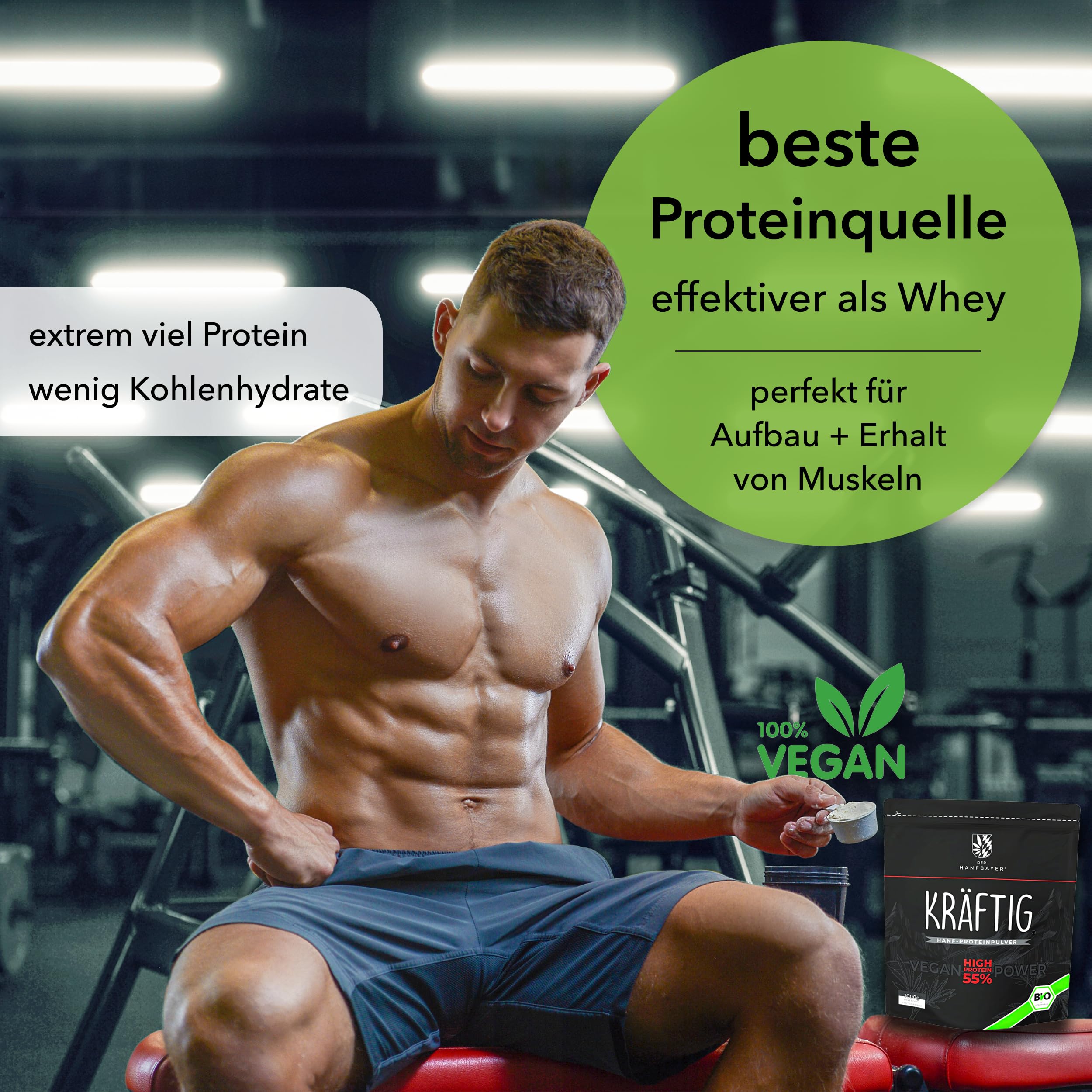 regionales Hanf Protein Pulver 1 kg [MIT 55% PROTEIN] - inkl. LECKERE E-Rezepte - veganes Proteinpulver mit Magnesium & Aminosäuren für Muskelaufbau - wasserlösliches Hanfprotein