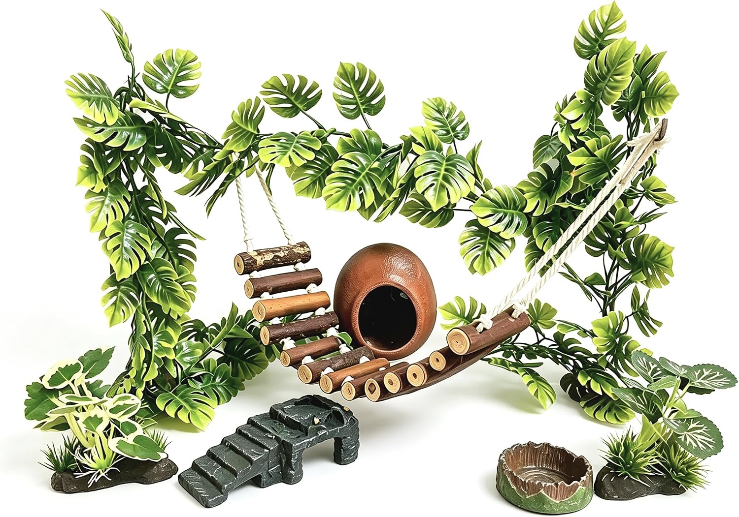 Arboreal Reptile Terrarium Decor Kit, Crested Gecko Tank Accessories: Hanging Wooden Bridge, Imitation Clay Hide Cave, Monstera Vines, Rock Basking Platform, Food Dish for Chameleon, Tree Frog, Lizard