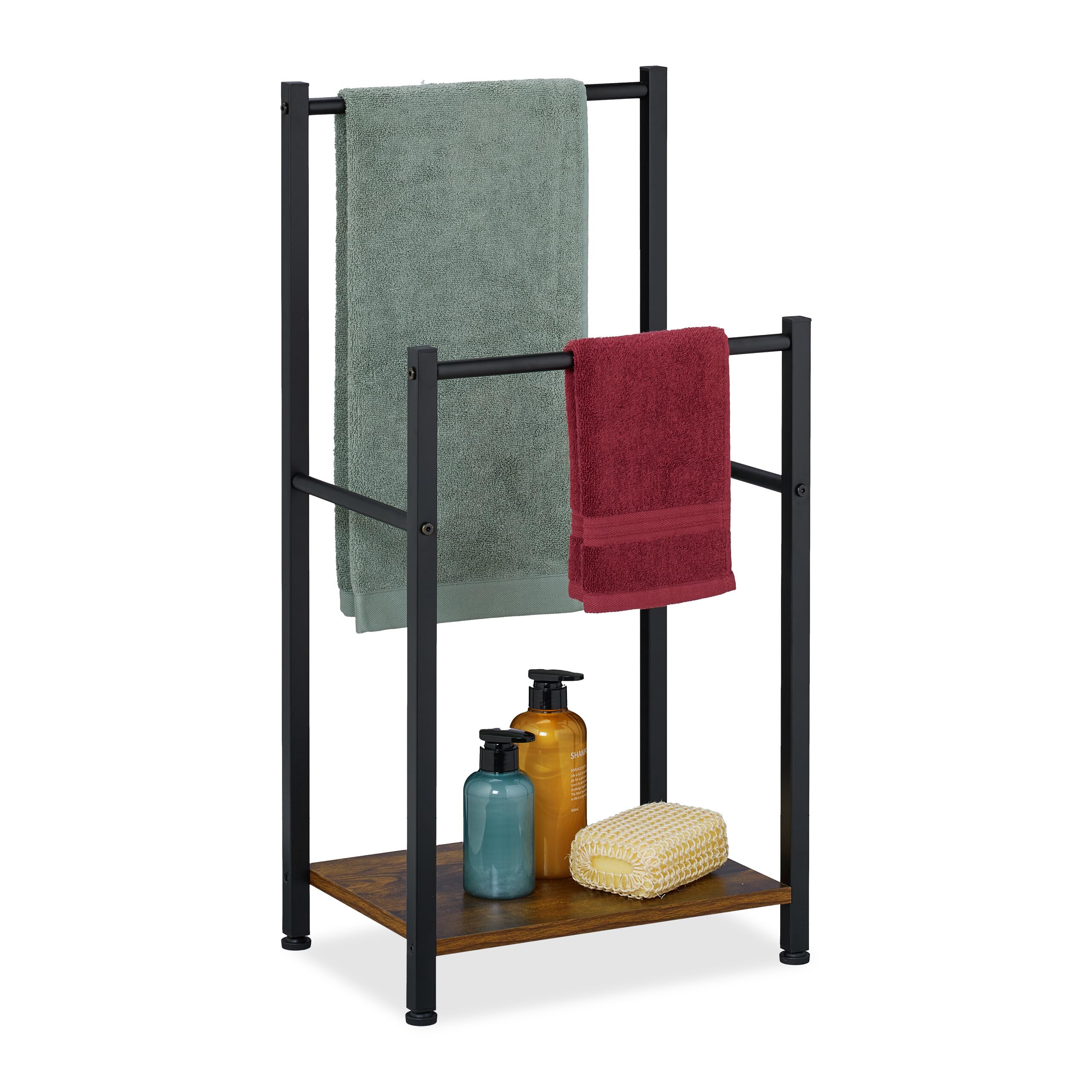 Relaxdays Towel Rack with Shelf, 2 Bars, HWD: 80 x 40 x 28 cm, Freestanding Rails, Bathroom Airer Stand, Brown/Black