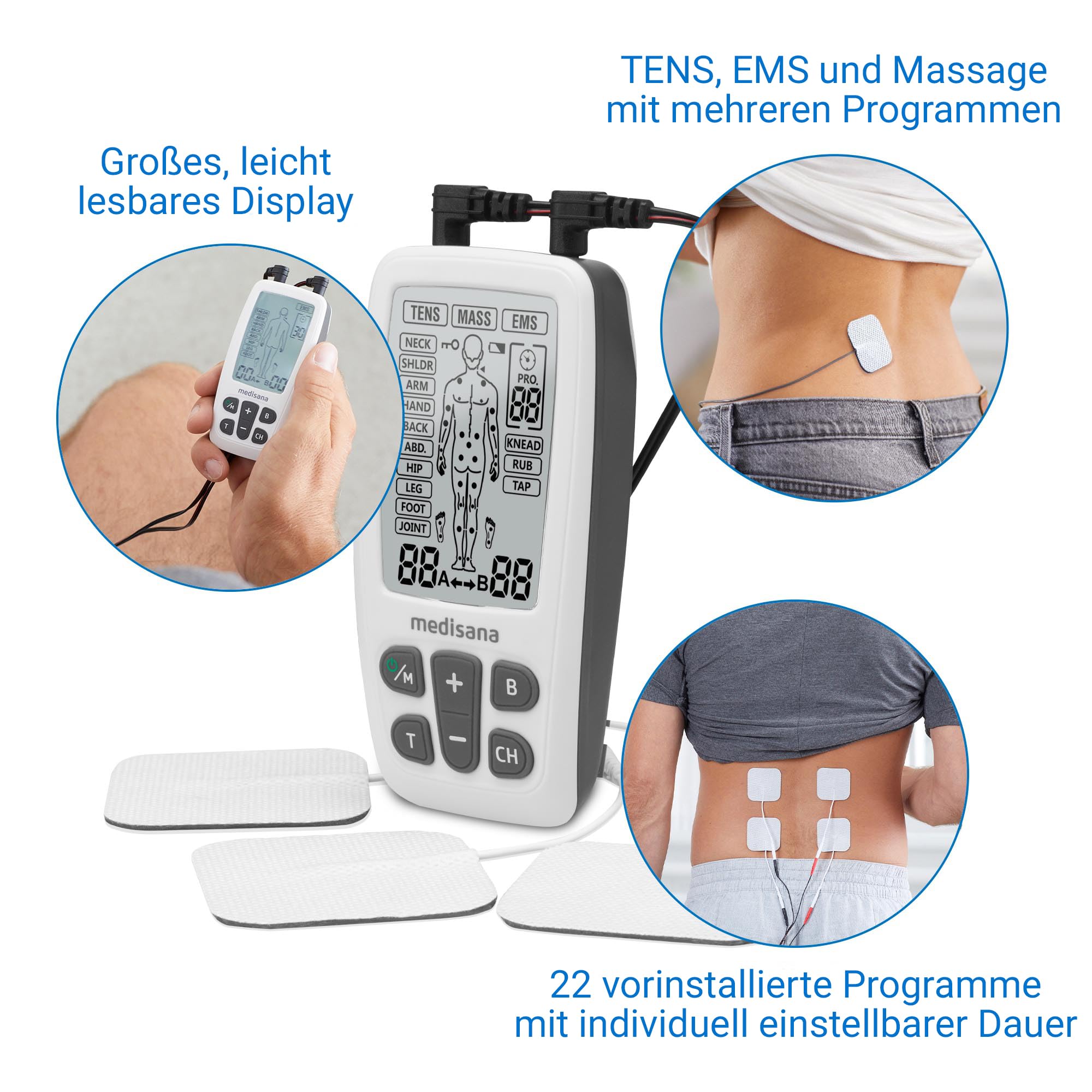 medisana TENS Gerät, EMS Reizstromgerät mit 60 Programmen professionelles Elektrotherapiegerät Muskelentspannung und Schmerzlinderung an Rücken, Nacken, Schultern, Bauch, Hüfte mit 4 Elektrodenpads