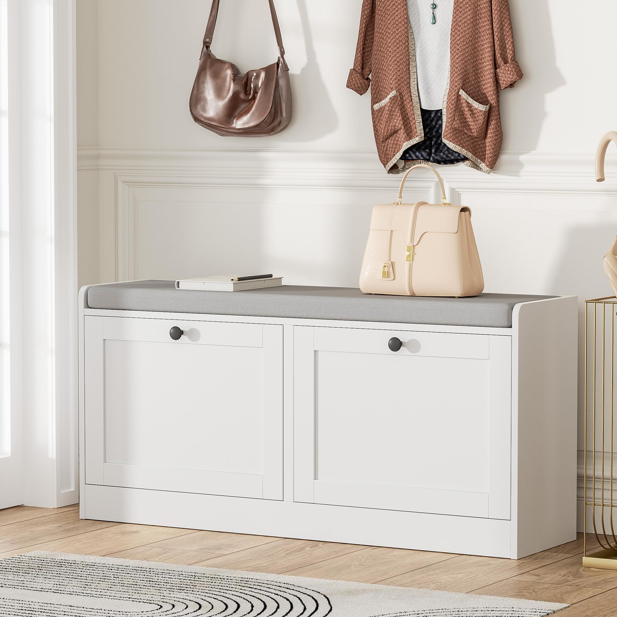 MHOM White Entryway Bench with 2 Flip Drawers, Shoe Bench with Padded Seat Cushion, Wooden Shoe Storage Bench for Entryway and Apartment