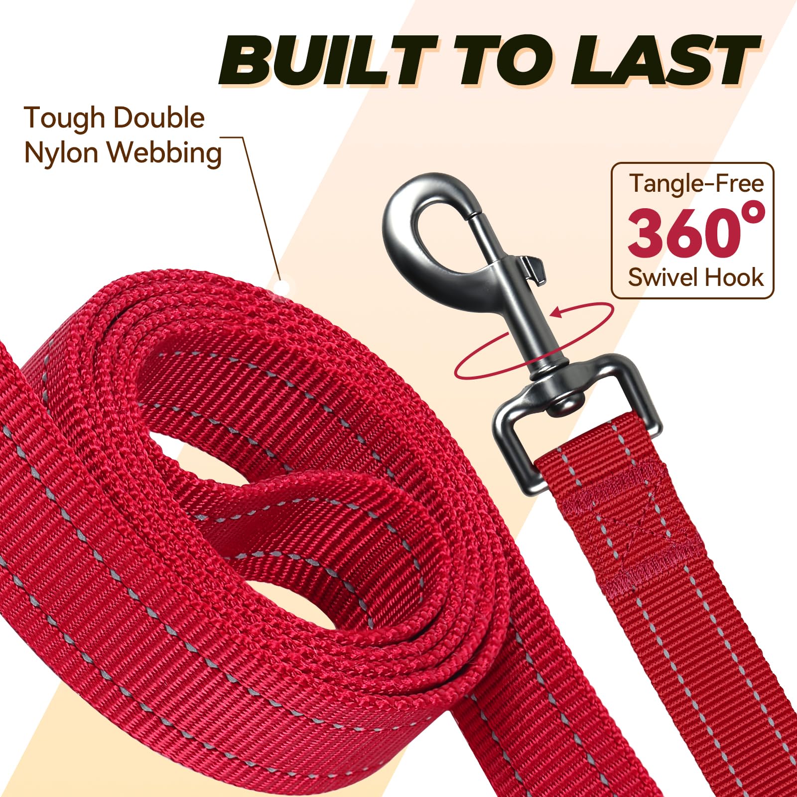 VIVAGLORY Smycz Twingrip dla Psa, Prowadnica Spacerowa z 2 Uchwytami i Podwójnym Chwytem do Joggingu, Szeroka i Cienka Nylonowa, 1.8 m x 2.5 cm, Rot