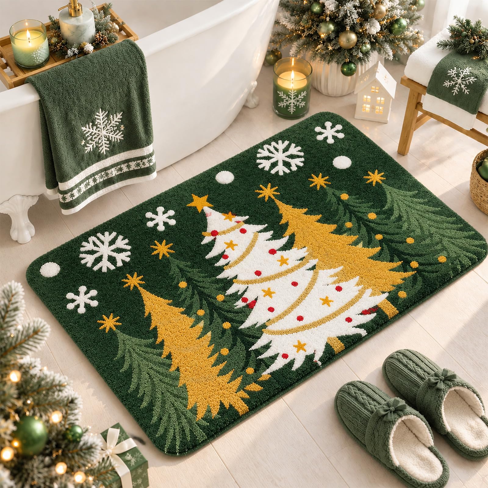 Christmas Tree Xmas Bathroom Rug, 20" x 32", Green