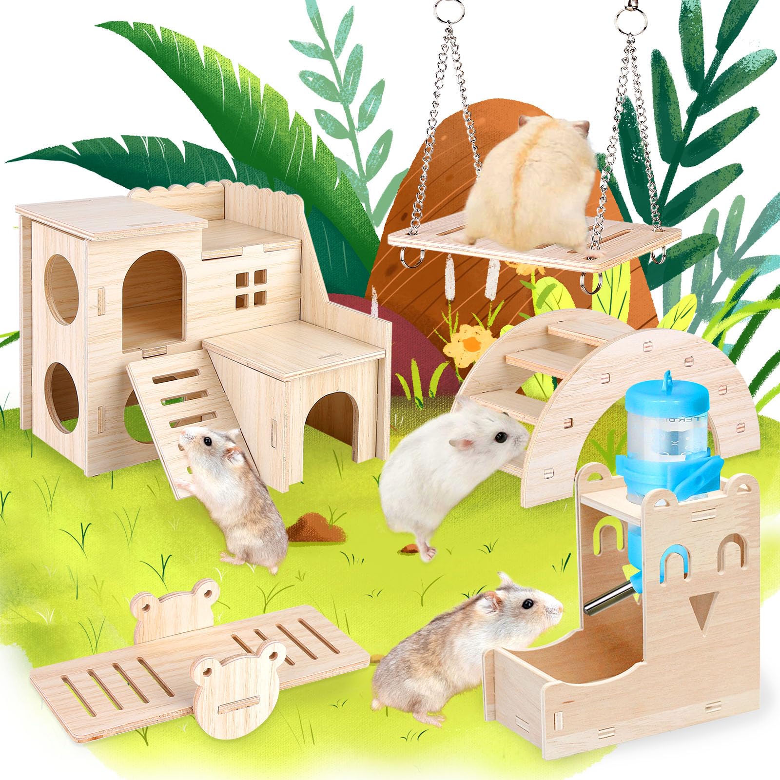 Juguetes de madera para hámster, 8 piezas DIY, juguete para masticar, escondite, casa, puente, columpio, entrenamiento, accesorios para jaula