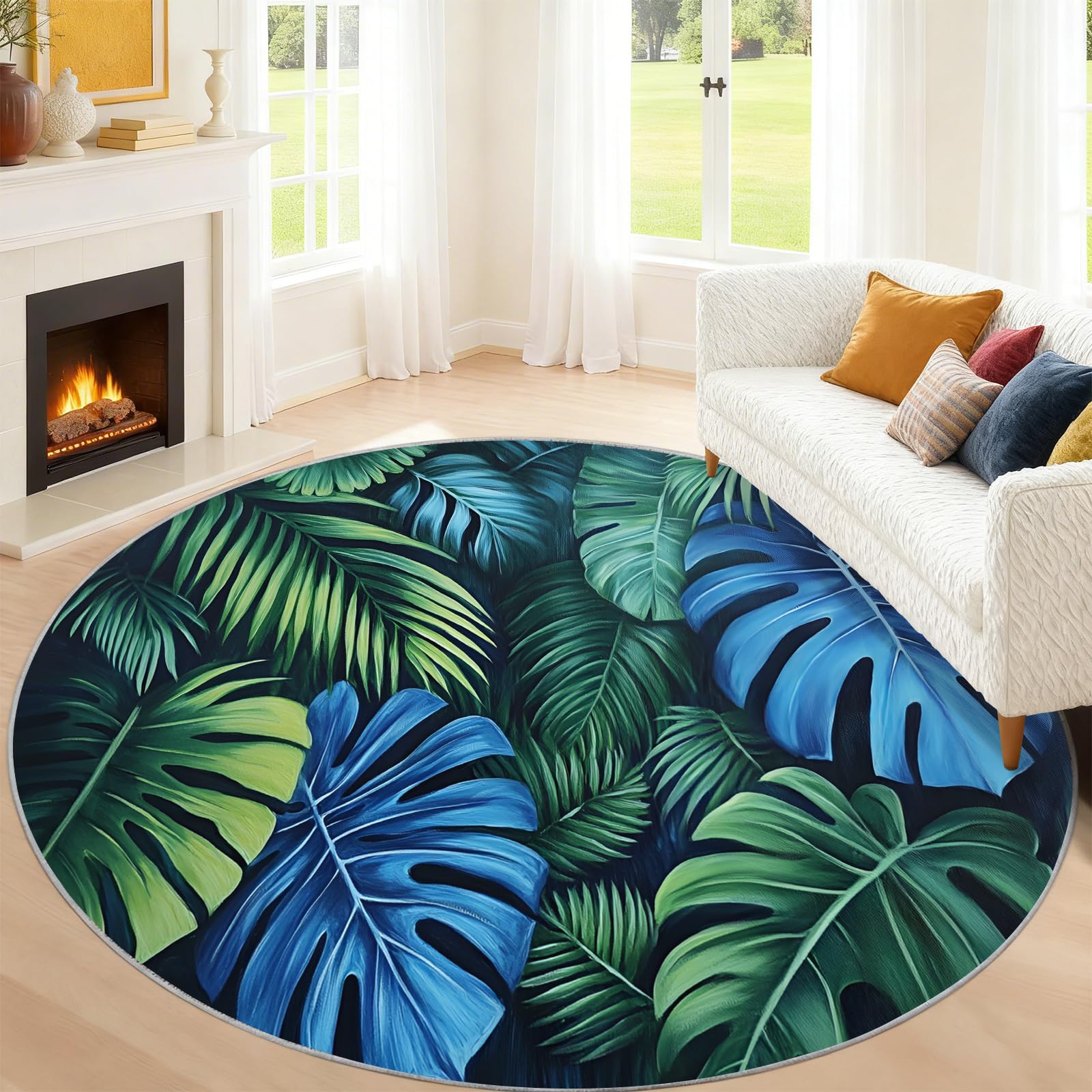 Tapis rond tropical vert foncé Palm Tapis circulaire de 6 pi | Tapis Jungle Boho pour chaise, lavable, motif feuilles de Monstera antidérapant et à poils courts
