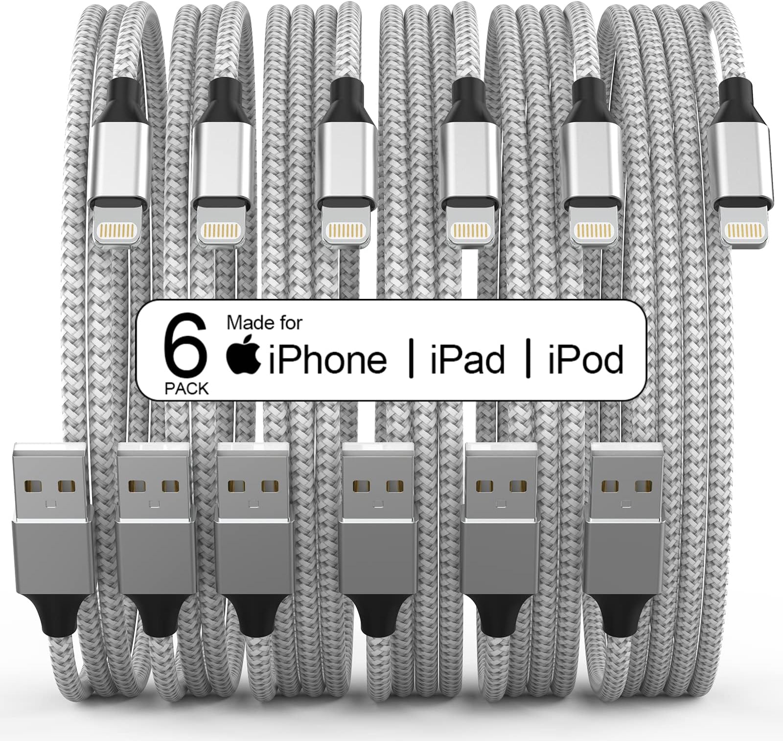 [Apple MFi Certified] 6Pack[3/3/6.1/6.1/6.1/10FT] iPhone Charger Lightning Cable Compatible iPhone 14Pro/14/13Pro/13/12Pro/12/11Pro/11/XS and More(Silver)  iPhone Charger 3 Pack 10 ft Apple MFi Certified Lightning Nylon Braided Cable Fast Charging Cord Compatible with iPhone 13 12 11 Pro Max XR XS X 8 7 6 Plus SE iPad and More  [Apple MFi Certified] 3 Pack iPhone 14 13 Fast Charger, 20W PD USB C Wall Charger Adapter with 3 Pack 6FT Type C to Lightning Cable Compatible with iPhone 14/13 Pro/13/12/12 Mini/12 Pro Max/11 Pro Max  iPhone Charger Fast Charging,【Apple MFi Certified】 2Pack 20W Type C Fast Charger Block with 6FT USB C to Lightning Cable for iPhone 14/13/13 Pro/12/12 Pro/12 Pro Max/11/Xs Max/XR/X,iPad,AirPods Pro  [Apple MFi Certified] 6Pack 3/3/6/6/6/10 FT iPhone Charger Nylon Braided Fast Charging Lightning Cable Compatible iPhone 14 Pro/13 mini/13/12/11 Pro MAX/XR/XS/8/7/Plus/6S/SE/iPad