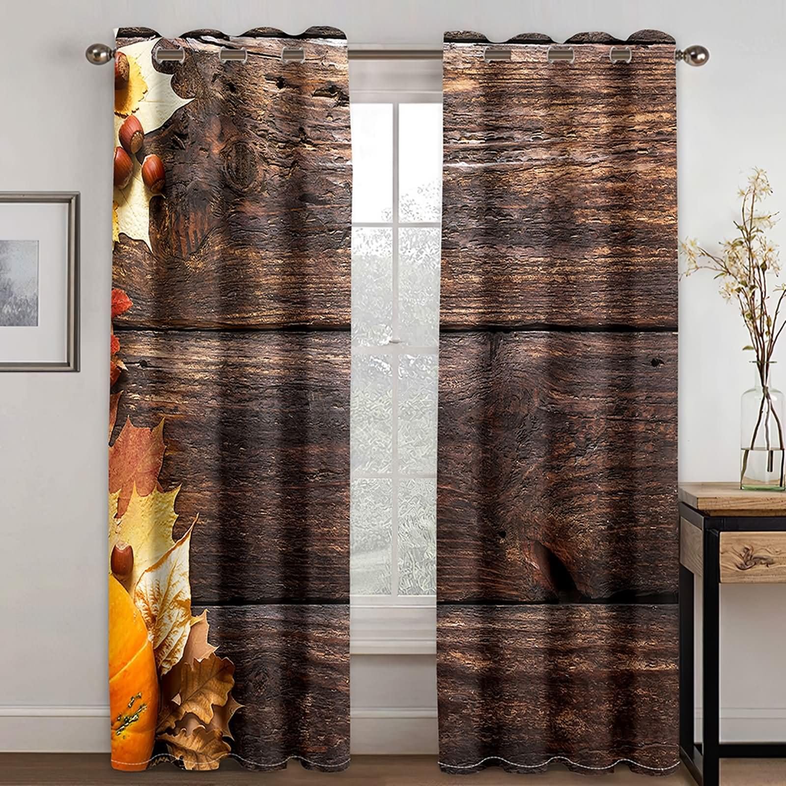 Tenda da Cucina con Occhielli,2 x 137W x 229H CM,Tende da Cucina Oscuranti 2 Pannelli Tavola di Legno e Motivo Foglia d'Acero Tende da Salotto Marrone Scuro