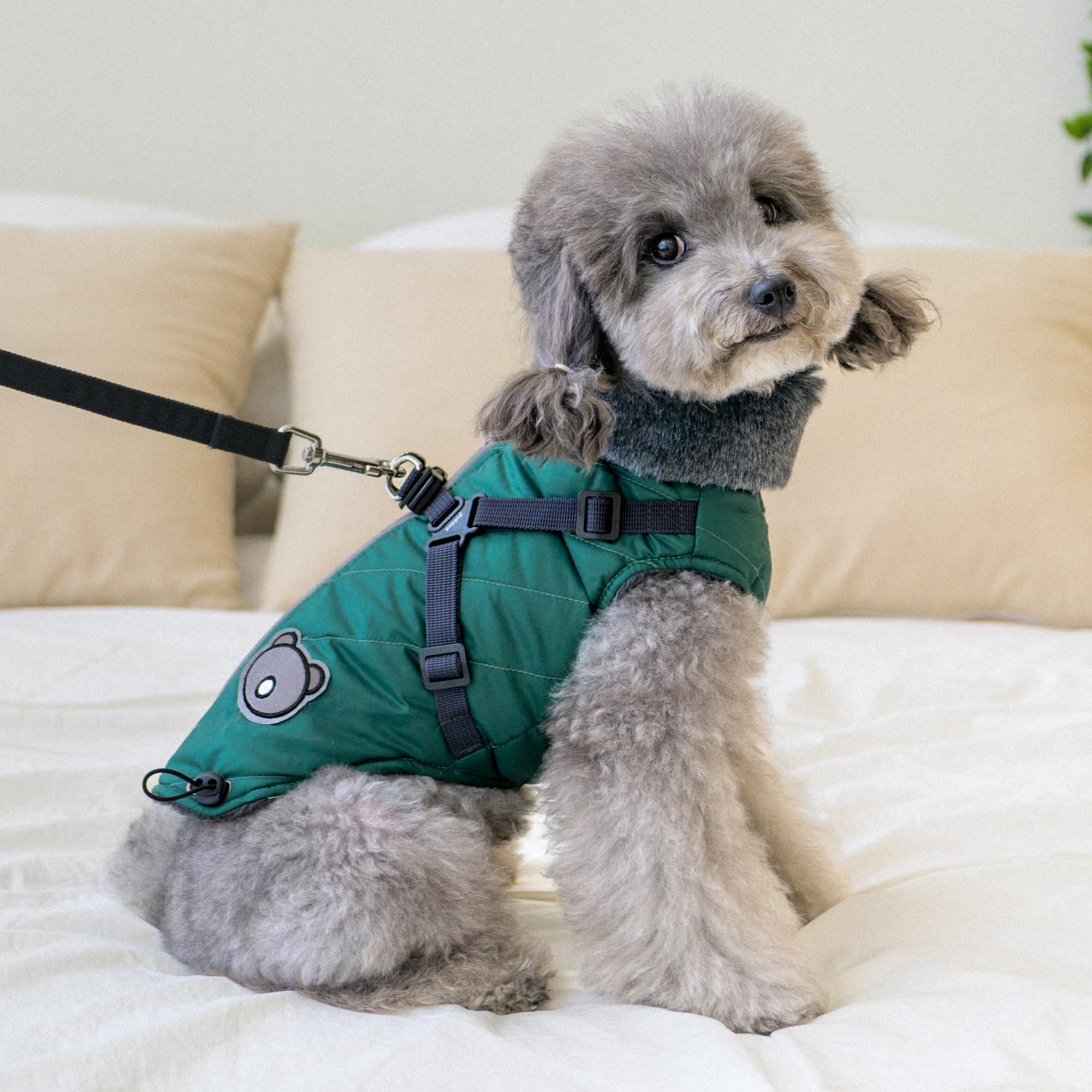 Puppia Isolde Mock Neck Full Zip up Warm Winter Jumper Vest with Integrated Harness for Small and Medium Dogs Green, Medium - Image 3