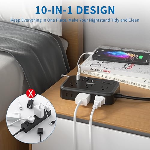 Miniatura 2 de NTONPOWER - Paquete de 2 regletas de alimentación con 6 salidas (2 lados) y 4 USB, cable de extensión de enchufe plano NTONPOWER de 5 pies,