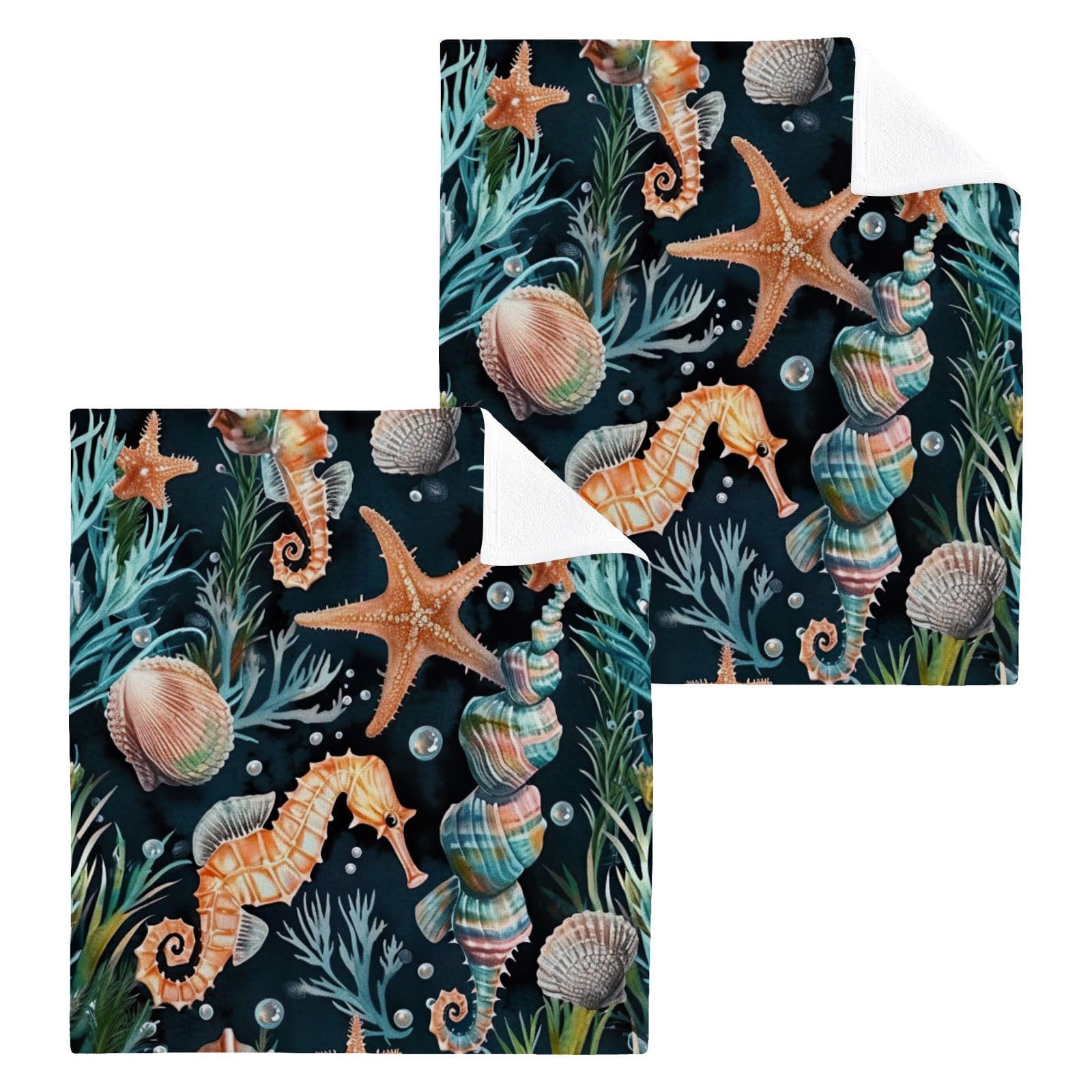 Washcloths 2 Pack Seahorse Cotton Wash Cloths - 12 x 12 Inches Highly Absorbent Soft Face Towel Bath