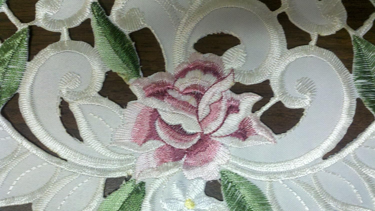 Table Runner Embroidered with Light Pink Cutwork Roses, Size 44 x 15 inches